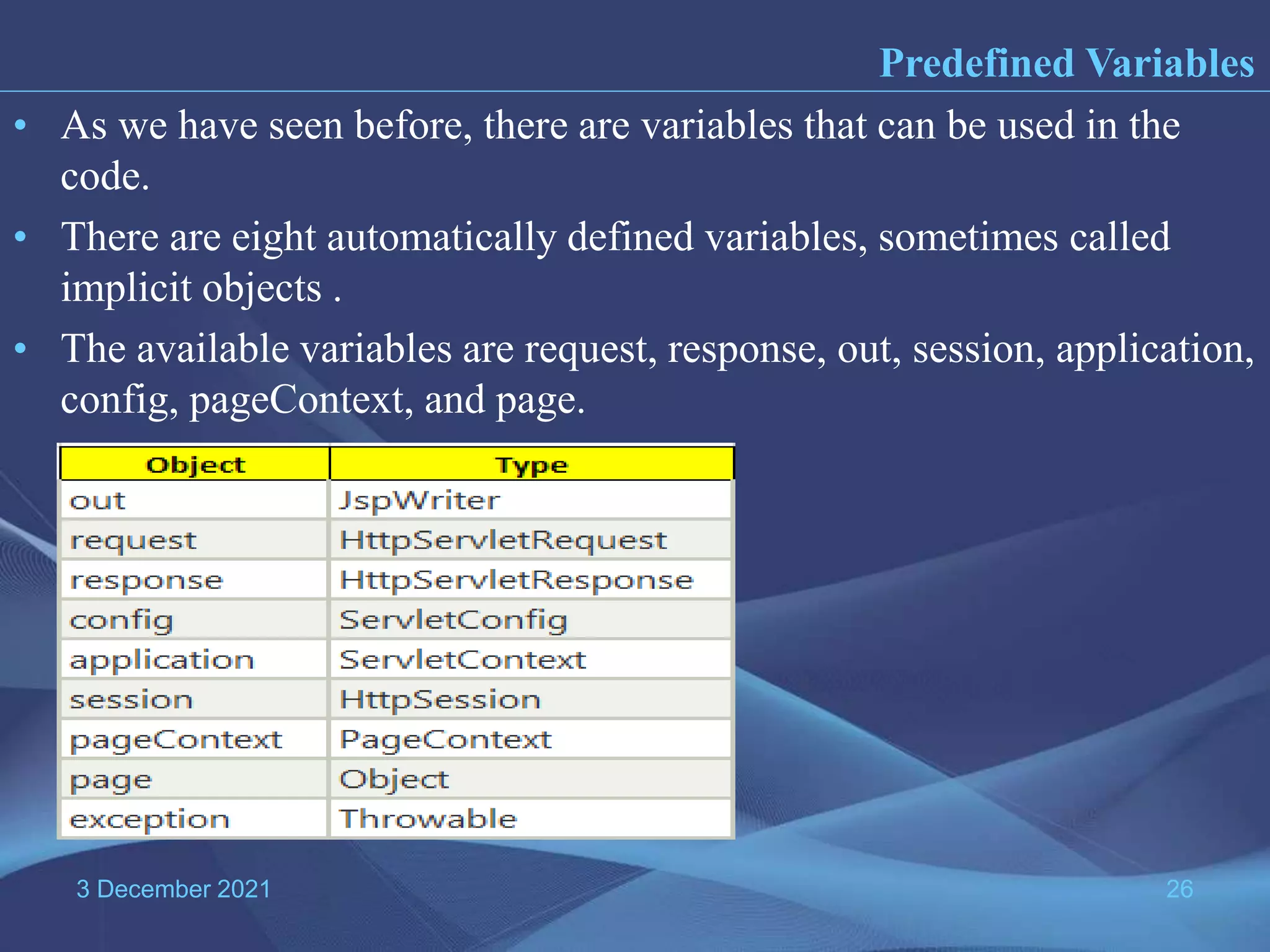 3 December 2021 26 • As we have seen before, there are variables that can be used in the code. • There are eight automatically defined variables, sometimes called implicit objects . • The available variables are request, response, out, session, application, config, pageContext, and page. Predefined Variables 