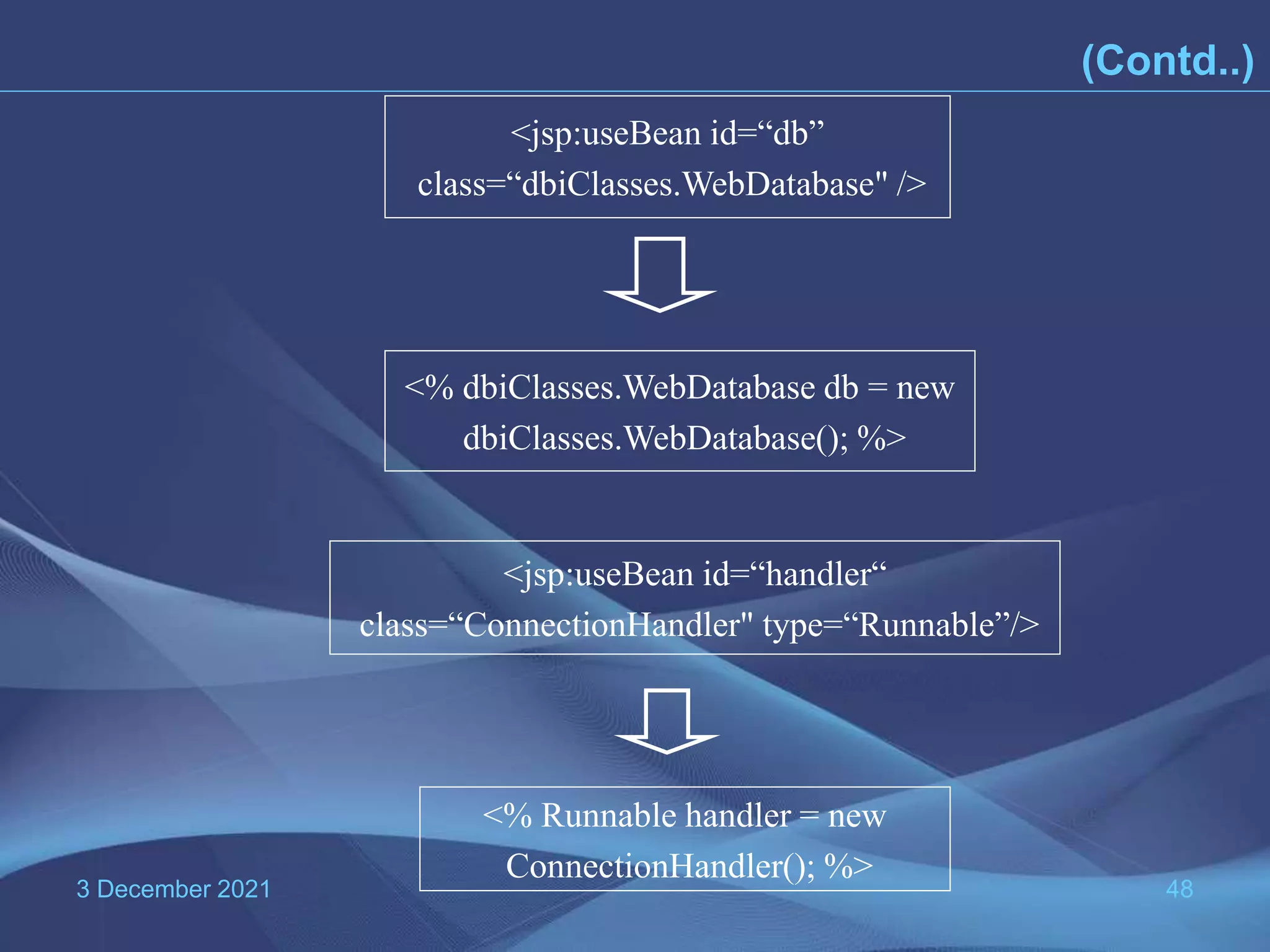 3 December 2021 48 <jsp:useBean id=“db” class=“dbiClasses.WebDatabase" /> <% dbiClasses.WebDatabase db = new dbiClasses.WebDatabase(); %> <jsp:useBean id=“handler“ class=“ConnectionHandler" type=“Runnable”/> <% Runnable handler = new ConnectionHandler(); %> (Contd..) 