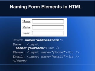 Naming Form Elements in HTML
<form name="addressform">
Name: <input
name="yourname"><br />
Phone: <input name="phone"><br />
Email: <input name="email"><br />
</form>
 