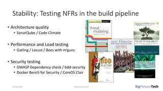 Stability: Testing NFRs in the build pipeline
• Architecture quality
• SonarQube / Code Climate
• Performance and Load testing
• Gatling / Locust / Bees with m’guns
• Security testing
• OWASP Dependency check / bdd-security
• Docker Bench for Security / CoreOS Clair
01/06/2018 @danielbryantuk
 