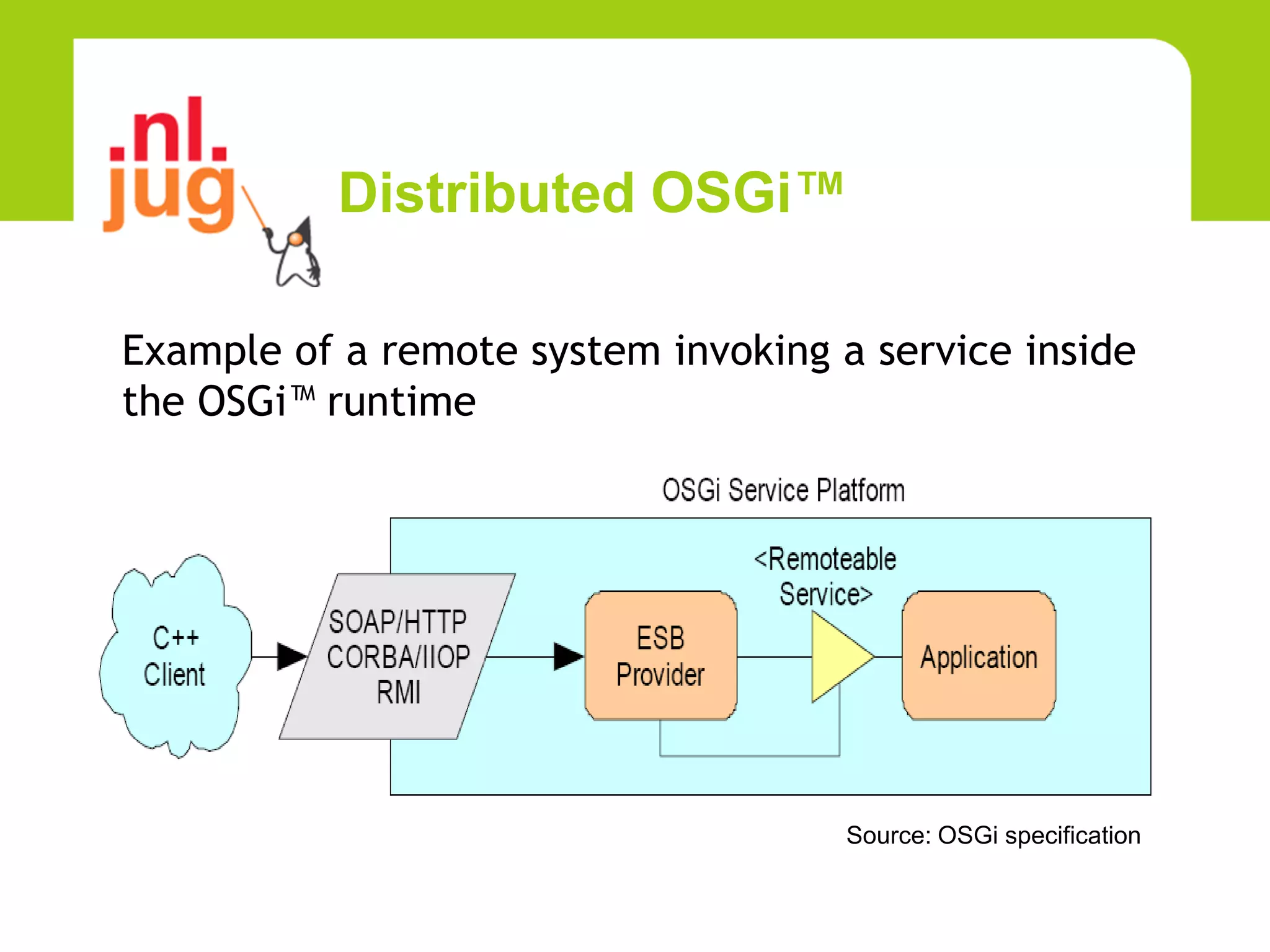 Distributed OSGi™

Example of a remote system invoking a service inside
the OSGi™ runtime




                                     Source: OSGi specification
 