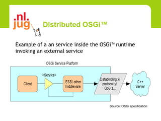 Distributed OSGi™

Example of a an service inside the OSGi™ runtime
invoking an external service




                                     Source: OSGi specification
 
