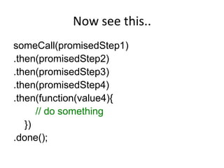 Now see this..
someCall(promisedStep1)
.then(promisedStep2)
.then(promisedStep3)
.then(promisedStep4)
.then(function(value4){
// do something
})
.done();

 