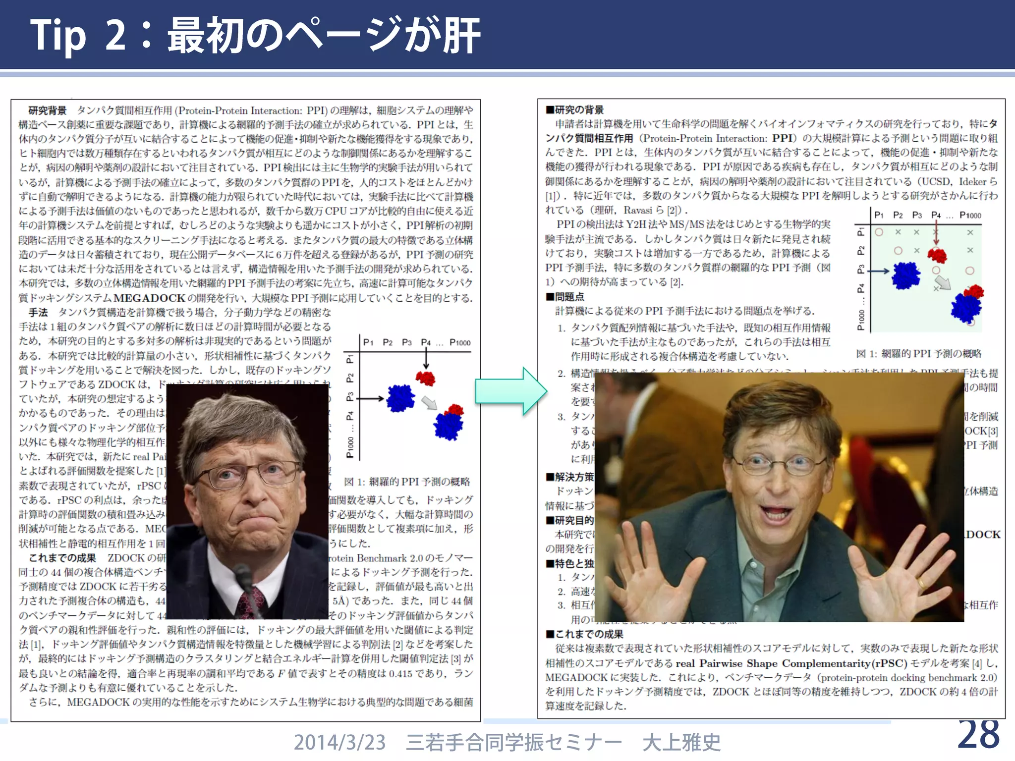 Tip 2：最初のページが肝
2014/3/23 三若手合同学振セミナー 大上雅史 28
 