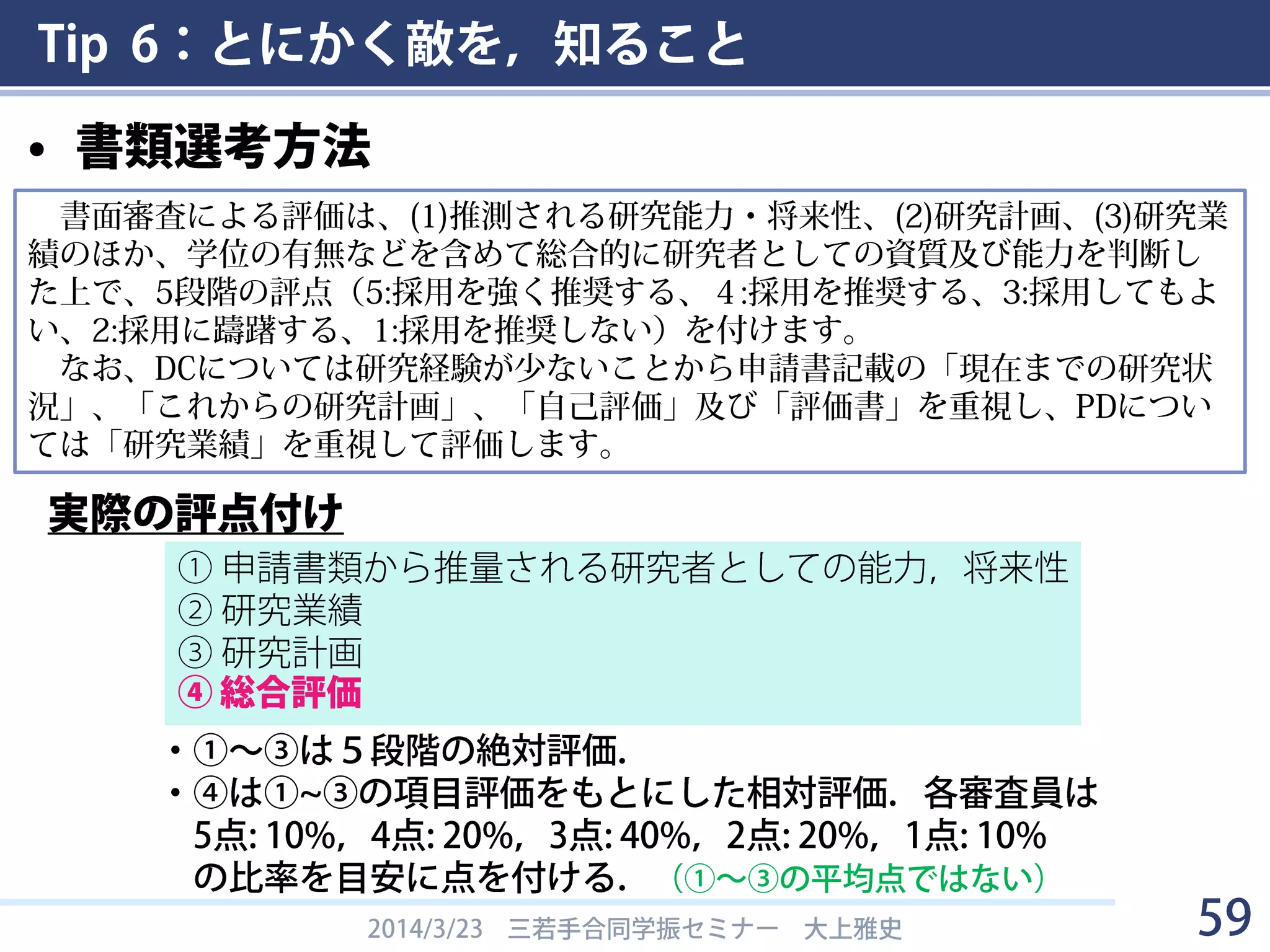Tip 6：とにかく敵を，知ること
• 具体性を持たせるために
– 「大幅な」などという叙述的表現より具体的な数値情報を
入れたほうが良い
– 具体的な系の名前などが書いてある方が良い
 細胞内の◯◯に関わるシグナル伝達を解析
 ○○に関わる××系のシグナル伝達を解析
– 既存研究について，何大学の誰それがやったという具体的
な記述が欲しい．
• きちんと引用できるということが，若手研究者が「まとも」か
「いっちゃってる」かを見分けるための1つの基本的観点
2014/3/23 三若手合同学振セミナー 大上雅史 59
 