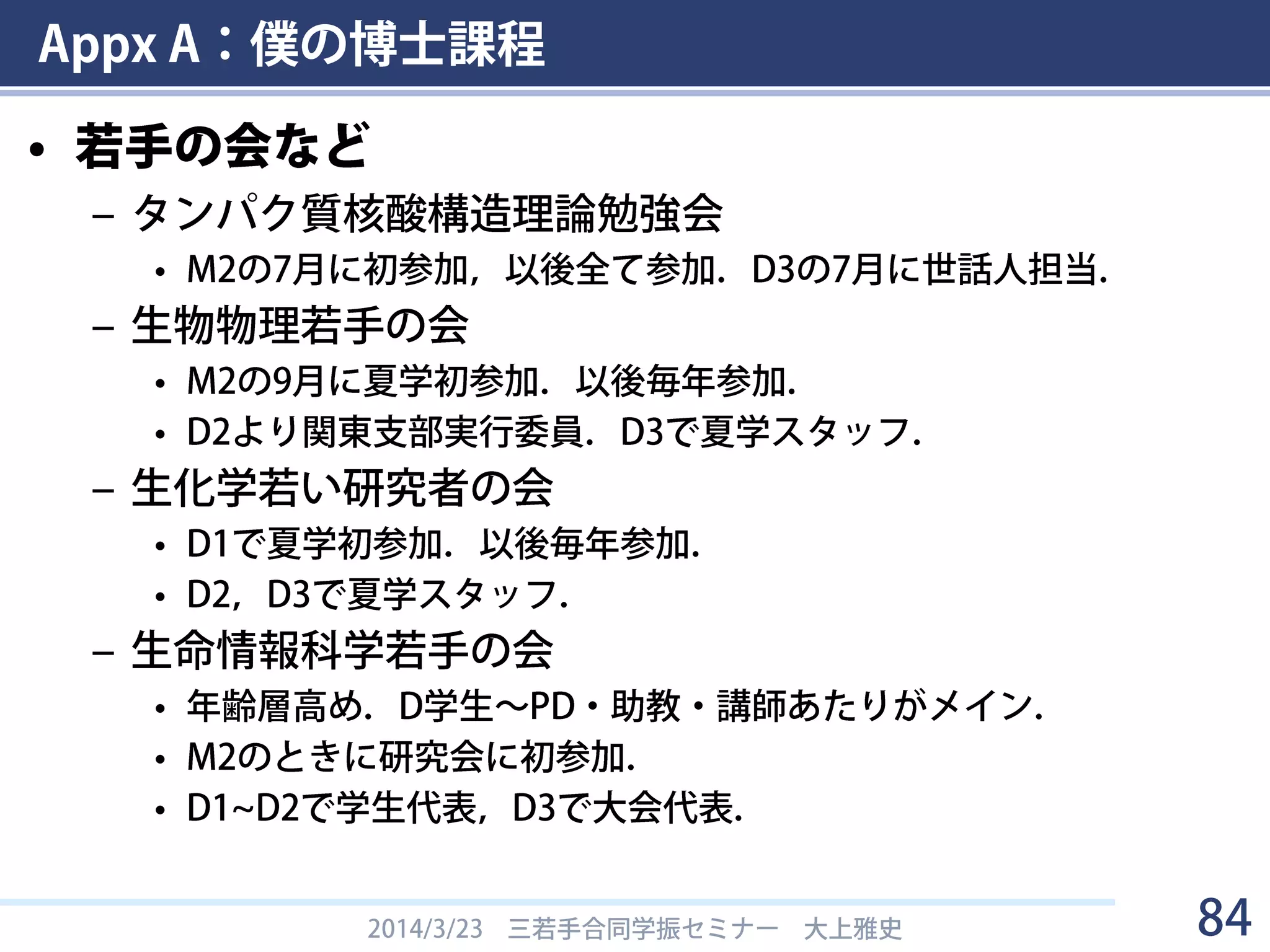 Appx A：僕の博士課程
• 主なイベント
– M1，3月：受賞①，②
– M2，5月：受賞③
– M2，7月：論文(1) accept
– M2，12月：DC1内定
– M2，3月：受賞④
– D1，4月：論文(2) accept
– D2，9月：論文(3) accept
– D2，3月：論文(4)(5) accept
– D3，10月：論文(6) accept
– D3，10月：PD内定
– D3，12月：婚姻届 accept
– D3，1月：受賞⑤
2014/3/23 三若手合同学振セミナー 大上雅史 84
論文(1) 大上他, 情処論TOM, 3(3), 2010.
論文(2) Ohue M, et al. Genome Inform, 25(1),
2011.
論文(3) Ohue M, et al. LNCS, 7632, 2012.
論文(4) Ohue M†, Matsuzaki Y†, et al. Prot Pept
Lett, in press. (†: equally contributed)
論文(5) Matsuzaki Y†, Ohue M†, et al. Prot Pept
Lett, in press. (†: equally contributed)
論文(6) Ohue M, et al. BMC Proc, 7(S7), 2013.
受賞① 情報処理学会SIGBIO 学生奨励賞
受賞② DEIM2010学生奨励賞
受賞③ 情報処理学会SIGMPS プレゼンテーショ
ン賞
受賞④ 情報処理学会第73回全国大会学生奨励賞
受賞⑤ 第4回日本学術振興会育志賞
 