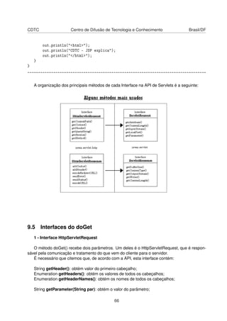 CDTC Centro de Difusão de Tecnologia e Conhecimento Brasil/DF
out.println(html);
out.println(CDTC - JSP explica);
out.println(/html);
}
}
___________________________________________________________________________________
A organização dos principais métodos de cada Interface na API de Servlets é a seguinte:
9.5 Interfaces do doGet
1 - Interface HttpServletRequest
O método doGet() recebe dois parâmetros. Um deles é o HttpServletRequest, que é respon-
sável pela comunicação e tratamento do que vem do cliente para o servidor.
É necessário que citemos que, de acordo com a API, esta interface contém:
String getHeader(): obtém valor do primeiro cabeçalho;
Enumeration getHeaders(): obtém os valores de todos os cabeçalhos;
Enumeration getHeaderNames(): obtém os nomes de todos os cabeçalhos;
String getParameter(String par): obtém o valor do parâmetro;
66
 