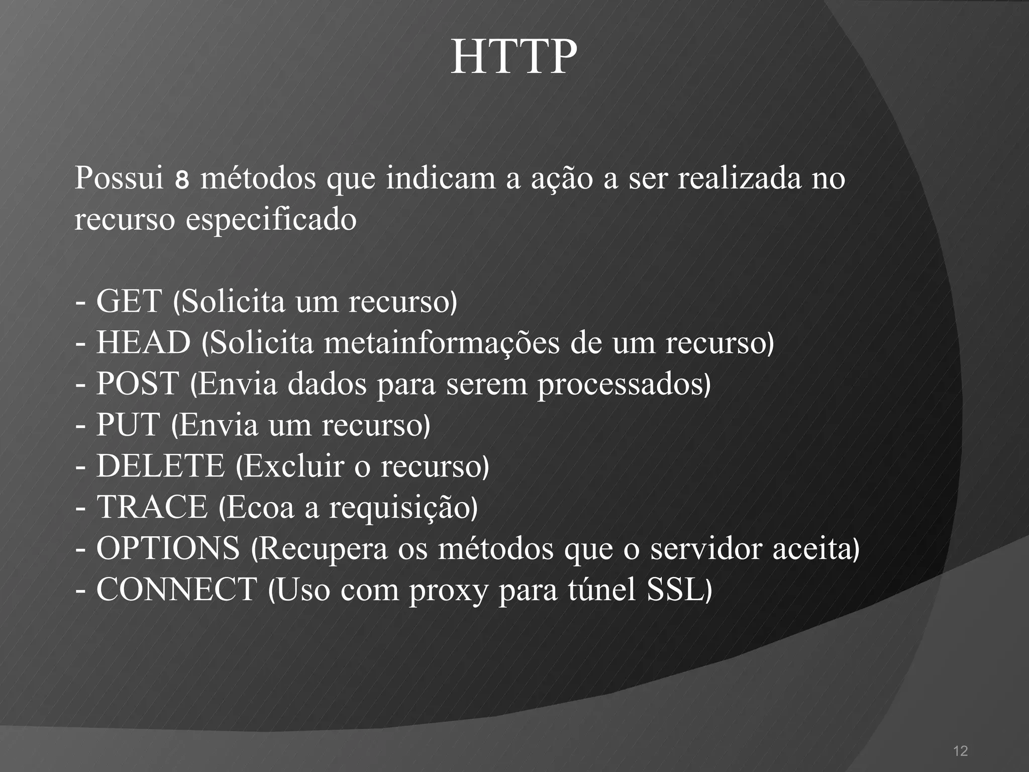 Possui 8 métodos que indicam a ação a ser realizada no recurso especificado - GET (Solicita um recurso) - HEAD (Solicita metainformações de um recurso) - POST (Envia dados para serem processados) - PUT (Envia um recurso) - DELETE (Excluir o recurso) - TRACE (Ecoa a requisição) - OPTIONS (Recupera os métodos que o servidor aceita) - CONNECT (Uso com proxy para túnel SSL) HTTP 