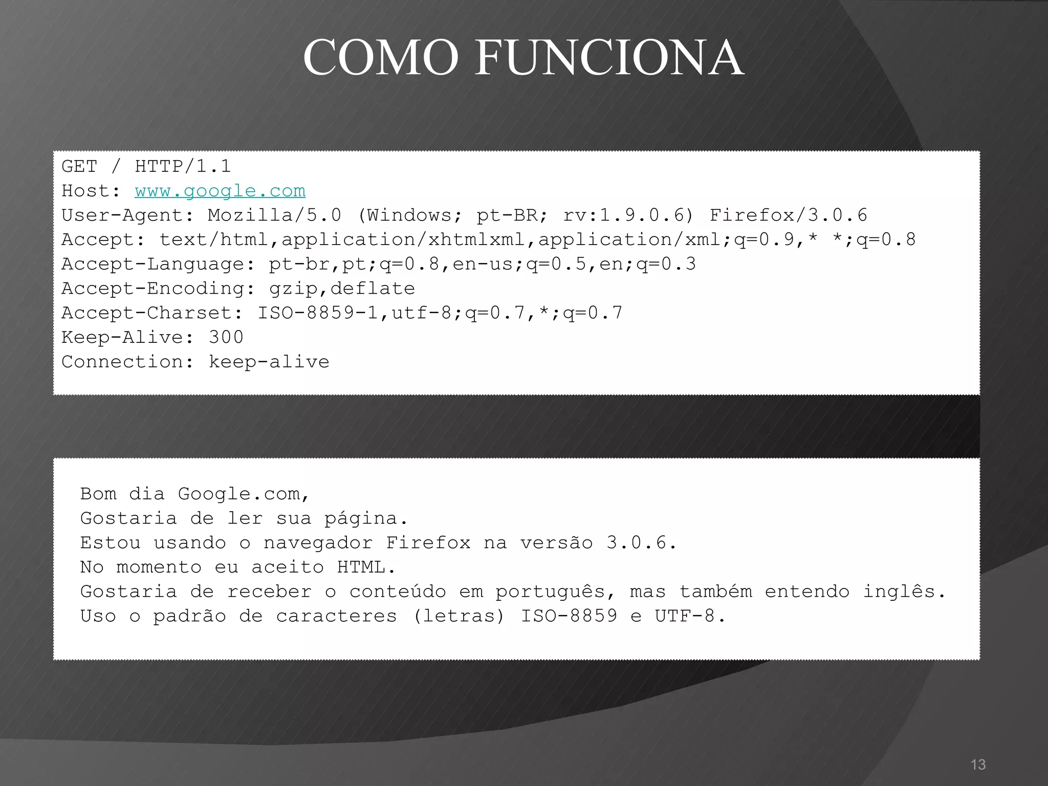 COMO FUNCIONA GET / HTTP/1.1 Host:  www.google.com User-Agent: Mozilla/5.0 (Windows; pt-BR; rv:1.9.0.6) Firefox/3.0.6  Accept: text/html,application/xhtmlxml,application/xml;q=0.9,* *;q=0.8 Accept-Language: pt-br,pt;q=0.8,en-us;q=0.5,en;q=0.3 Accept-Encoding: gzip,deflate Accept-Charset: ISO-8859-1,utf-8;q=0.7,*;q=0.7 Keep-Alive: 300 Connection: keep-alive Bom dia Google.com, Gostaria de ler sua página. Estou usando o navegador Firefox na versão 3.0.6. No momento eu aceito HTML. Gostaria de receber o conteúdo em português, mas também entendo inglês. Uso o padrão de caracteres (letras) ISO-8859 e UTF-8. 
