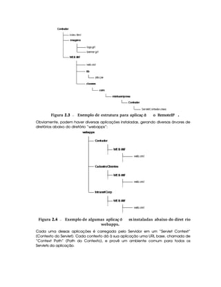   
¡
Figura 2.3 Exemplo de estrutura para aplica ªo RemoteIP .ç ã
Obviamente, podem haver diversas aplicações instaladas, gerando diversas árvores de
diretórios abaixo do diretório “webapps”:
 Figura 2.4 Exemplo de algumas aplica ıes instaladas abaixo do diret rioç õ
webapps.
Cada uma dessas aplicações é carregada pelo Servidor em um “Servlet Context”
(Contexto do Servlet). Cada contexto dá à sua aplicação uma URL base, chamada de
“Context Path” (Path do Contexto), e provê um ambiente comum para todos os
Servlets da aplicação.
 