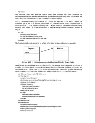 ¤ V )AB 7£¢QPF)A@ D¡E 2AC¦¥
Na verdade não será precisa digitar todo esse código xml para criarmos os
relacionamentos pois existem ferramentas que fazem isso por você, mas você deve ter
idéia de como funciona e o que é configurado nesse arquivo.
A tag ¦6$!  A1A2  5¡ #4 §%$  configura o nome do campo do ejb nos quais serão criados os
métodos get e set que estarão disponíveis na interface local, caso configuramos a
multiplicidade  ¦ ¦, se fóssemos configurar  ¦
¨
por exemplo deveríamos trocar a tag
$ ¡ 
¡
2¡
 2¦02¡
 para many e acrescentaríamos a tag ¦6$!  A1A2  5¡ 
¡

¡
 como o exemlo mostra a
seguir:
¤ #36P0¢ “ E )%@ X¦¥
¤ XA)4rF#4PFE !D¡E 24C¦¥T)4r€!2rT ¤ V X4)4r€#PTE !DeE 2%C¦¥
¤ #36P9¢ “ E )4@ X¨¢QCA31)¨¥()r€!42rv ¤ V #36P0¢ “ E )%@ X¨¢qC31)§¥
¤ #36P9¢ “ E )4@ X¨¢ DqG†!)¦¥(B SA%5 d%D¡E @ 5 – 24@ @ )#D¡E 2AC ¤ V #36P0¢ “ E )i@ X£¢HDQG0!4)§¥
¤ V #%36P0¢ “ E )%@ X¥
Neste caso você pode escolher se o tipo retornado será 8 §D( § ¢ ¡
¡
2¢ ¢   ¨¦
¡
2)4 ou 8 §C( § ¢ ¡
¡
2¢ £  ¡
.
gFigura 13.5 Relacionamento Unidirecional Entity Bean CMP.
Aqui temos um relacionamento unidirecional onde apenas a esposa pode encontrar o
marido, o marido não é capaz de recuperar informações das mulheres por meio do
relacionamento. Neste caso a tag ¦6$!  A1A2  5 no deployment descriptor 68 @   8£§ ! ¢ £
$  não estará
configurada no lado em que definimos o relacionamento do lado do EJB marido.
¤ )%B 7£¢qPv)A@ D¡E 2AC£¢qCi%31)§¥T)r9!24rF)¢t31%PvE X42 ¤ V )%B 7£¢qPv)%@ TDeE 2%C£¢QCA31)¨¥
¤ )%B 7£¢qPv)A@ D¡E 2AC4r€”AE !¢qPt2A@ )§¥
¤ XA)4rF#4PFE !D¡E 24C¦¥T)4r€!2rT ¤ V X4)4r€#PTE !DeE 2%C¦¥
¤ )%B 7 ¢qPv)i@ (D¡E 2iCir€”AE !¢QPt2A@ )¢tC431)¦¥ W r€!42rF 4)4@ D¡E 2%Cr€”AE !424@ ) ¤ V )AB 7£¢QPt)A@ TD¡E 24C4r€”AE !£¢HPF24@ ) ¢QCA31)¨¥
¤ 36dA@ DeE !%@ E #E DHG¥ ‚ C4) ¤ V 36dA@ D¡E !4@ E #E DHG¥
¤ Pv)A@ (D¡E 2%Cr€”AE ! ¢QPt2A@ )£¢Qr€24dAPv#() ¥
¤ X4)4rF#%PvE !D¡E 2%C©¥T)%rT!24rF ¤ V XA)rT#P€E !D¡E 24C¦¥
¤ )4B 7¢tC431)¨¥ W r€!24rF ¤ V )%B 7¢qC4431)§¥
¤ V Pv)A@ TDFE 2%Cr€”AE !¢qPv2%@ ) ¢QrF2AdAPv#()¦¥
¤ #36P9¢ “ E )4@ X¥
¤ X4)4rF#%PvE !D¡E 2%C©¥(31PFE XA2 ¤ V X4)rT#%PFE !D¡E 24C¥
¤ #36P0¢ “ E )%@ X£¢tC431)§¥(3lPFE X42 ¤ V #%36P ¢ “ E )%@ X£¢¡Ci31) ¥
¤ V #436P9¢ “ E )%@ X¥
¤ V )AB 7£¢QPF)A@ D¡E 2AC4r€”E !¢qPv2%@ )§¥
¤ )%B 7£¢qPv)A@ D¡E 2AC4r€”AE !¢qPt2A@ )§¥
¤ XA)4rF#4PFE !D¡E 24C¦¥(31PFE XA2 ¤ V X4)r€#PTE !D¡E 2%C¦¥
¤ )%B 7 ¢qPv)i@ (D¡E 2iCir€”AE !¢QPt2A@ )¢tC431)¦¥(bPvE X42 )%@ TD¡E 24C4r€”AE !42%@ ) ¤ V )AB 7¢QPF)A@ D¡E 2AC4r€”E !¢qPt2A@ ) ¢tC43l)§¥
¤ 36dA@ DeE !%@ E #E DHG¥ ‚ C4) ¤ V 36dA@ D¡E !4@ E #E DHG¥
¤ Pv)A@ (D¡E 2%Cr€”AE ! ¢QPt2A@ )£¢Qr€24dAPv#() ¥
Esposa Marido
marido
 