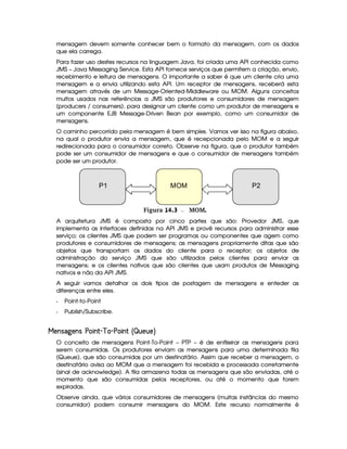 mensagem devem somente conhecer bem o formato da mensagem, com os dados
que ela carrega.
Para fazer uso destes recursos na linguagem Java, foi criada uma API conhecida como
JMS – Java Messaging Service. Esta API fornece serviços que permitem a criação, envio,
recebimento e leitura de mensagens. O importante a saber é que um cliente cria uma
mensagem e a envia utilizando esta API. Um receptor de mensagens, receberá esta
mensagem através de um Message-Oriented-Middleware ou MOM. Alguns conceitos
muitos usados nas referências a JMS são produtores e consumidores de mensagem
(producers / consumers), para designar um cliente como um produtor de mensagens e
um componente EJB Message-Driven Bean por exemplo, como um consumidor de
mensagens.
O caminho percorrido pela mensagem é bem simples. Vamos ver isso na figura abaixo,
na qual o produtor envia a mensagem, que é recepcionada pelo MOM e a seguir
redirecionada para o consumidor correto. Observe na figura, que o produtor também
pode ser um consumidor de mensagens e que o consumidor de mensagens também
pode ser um produtor.
gFigura 14.3 MOM.
A arquitetura JMS é composta por cinco partes que são: Provedor JMS, que
implementa as interfaces definidas na API JMS e provê recursos para administrar esse
serviço; os clientes JMS que podem ser programas ou componentes que agem como
produtores e consumidores de mensagens; as mensagens propriamente ditas que são
objetos que transportam os dados do cliente para o receptor; os objetos de
administração do serviço JMS que são utilizados pelos clientes para enviar as
mensagens; e os clientes nativos que são clientes que usam produtos de Messaging
nativos e não da API JMS.
A seguir vamos detalhar os dois tipos de postagem de mensagens e enteder as
diferenças entre eles.
f Point-to-Point
f Publish/Subscribe.
¤ ¡¡ ' ¦£¢ ¡¤ ' ¤6£¥ (§¦  ¤¦ ¤1¤£¥ (©¨§¡¡¡¡
O conceito de mensagens Point-To-Point – PTP – é de enfileirar as mensagens para
serem consumidas. Os produtores enviam as mensagens para uma determinada fila
(Queue), que são consumidas por um destinatário. Assim que receber a mensagem, o
destinatário avisa ao MOM que a mensagem foi recebida e processada corretamente
(sinal de acknowledge). A fila armazena todas as mensagens que são enviadas, até o
momento que são consumidas pelos receptores, ou até o momento que forem
expiradas.
Observe ainda, que vários consumidores de mensagens (muitas instâncias do mesmo
consumidor) podem consumir mensagens do MOM. Este recurso normalmente é
MOM P2P1
 