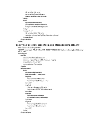   ) ¤£ 0bAE) ¡  r )§    ) ¤¥ c§AC)¤¡
 ¨§$¨  06AE) ¡  r )£ (§)£AE%0)    §$@¨  YAE)¤¡
  ¦§©£¦   §$@¨  0§A ) ¡  r )    ¦§©¦   §$¥¨  06£AE) ¡
   )§%3¨%  ¡
  )§§%2¨% ¡
  ) ¤£ 0bAE) ¡ ) 3$¢§©%    ) ¤£ 26AE) ¡
 ¨§$¨  06AE) ¡ ) ($¢§©% (§)§AE%0)    §$¨  06£AE) ¡
  ¦§©£¦   §$@¨  0§A ) ¡ ) (§$¢§©8%    ¦ ©¦   §$¨  (§AE)¤¡
   )§%3¨%  ¡
  AC)rFrD89P) R$@ ¨ )£ ¡
  ) ¤£ 0bAE) ¡  r )§125%2¨'2¨)    ) ¤ cAE)¤¡
  $§)%r3%3¨ 68%3¨§¥  $¨  0§A ) ¡7%2§¡§¨ ©  %0)%r3% ¥ §¡¨©    $)r7%2¨ §`%2¨¥  §$¨  cAE)¤¡
   AC)rFr889@)¥ 0$8¨)£ ¡
   )%()£8¡§ ¨ r ) (¤)§Ar ¡
   ¤4rFr ¡
Deployment Descriptor específico para o JBoss : jbosscmp-jdbc.xml
  £ SAH¦£6)vrD¨ £¥¤  §!  ¡ 5)§©$@¨ 9 ¥¤  ¥ §¥ £¢¡  £ ¡
  ¡  ¡ ¤ ¥   ) 1 ¤6rTr ©AH¡£  $@¤© )¥  £ 0 ¤¨     'b§rFr    ¥  '¥ ¡ %$%¥¤  )   '  ¨¤   !   2 1 2 ¢  G6%Y%2¡ ( ' ' ' ! ¤rTr !c9  ¢ ))  $%($  ¤rTr ©AW¡ 
$@¤©¥      ! $%0$ ¢¡
 $¤4rFr8©AC¡£  $¤§© ¡
  $)'Y£¢¦%qr ¡
  $§%0r £¢¥(©) ¡ 8@    )'0¢b¦%  %    $§%0r £¢¥(©)¤¡
  $§%0r £¢¥(©) (AE¡¡§¨ 9 ¡   b¡)tr ¨ © %   £    $8%0r £¢¥(©)£ (AE£¡§¡§¨ 9 ¡
  ©§()§8%2)¥  %(£¤§¦ ) ¡7%37¢§)    © )§8%() R%2¤¦ ) ¡
  ()AE`@) R%0£¤§¦ ) ¡7%  ¢§)    ()§AC`6)¥  %2¤¦ ) ¡
   $b)'Y£¢b¦%¡r ¡
  )£%()£ ¡7¨ r7) (¤)£r ¡
  )§§%2¨% ¡
  ) ¤£ 0bAE) ¡ ) 3$¢§©%    ) ¤£ 26AE) ¡
  %0£¤§¦)¥ (§AE)¤¡ ) ( ¡   ¤ ¥    %(¤¦)£ 0bAE) ¡
  ©AC¡¥  '2¨ )¦$ ¡
  '2¨ )£¦ $¥ (§AE) ¡§AE)    '0¨ )£¦ $  (§AE)¤¡
  ©£¦ ¢§AC¥ 06AE) ¡2 ¢  1    ©§¦ ¢AC¥ YbAE) ¡
   ©AC¡¥  '2¨)¦$ ¡
  ©AC¡¥  '2¨ )¦$ ¡
  '2¨ )£¦ $¥ (§AE) ¡`$£)rD©8¨ ¡`% ¨ £    '2¨)§¦ $¥ c§£AE)¤¡
  ©£¦ ¢§AC¥ 06AE) ¡  1 %$¤ ( 0 ) ¥ 0 ¡ 2    ©§¦ ¢AC¤ Y§£AE)¤¡
   ©AC¡¥  '2¨)¦$ ¡
  ©AC¡¥  '2¨ )¦$ ¡
  '2¨ )£¦ $¥ (§AE) ¡¡£7¨ ©)    '0¨ )£¦ $¡ 0§§AE) ¡
  ©£¦ ¢§AC¥ 06AE) ¡ ) ( 0 ¤ 1    ©£¦ ¢bAC¥ YAE)¤¡
   ©AC¡¥  '2¨)¦$ ¡
  ©AC¡¥  '2¨ )¦$ ¡
  '2¨ )£¦ $¥ (§AE) ¡¡£3£$¢§©8% ) £    '0¨ )£¦ $¡ 0§AE) ¡
  ©£¦ ¢§AC¥ 06AE) ¡0     ©§¦ ¢AC¤ Y§£AE)¤¡
   ©AC¡¥  '2¨)¦$ ¡
   )§%3¨%  ¡
   )%()£8¡§ ¨ r ) (¤)§Ar ¡
 