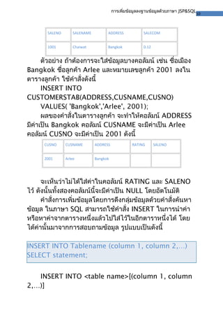 10
การเพิ่มข้อมูลลงฐานข้อมูลด้วยภาษา JSP&SQL
SALENO SALENAME ADDRESS SALECOM
1001 Chaiwat Bangkok 0.12
ตัวอย่าง ถ้าต้องการจะใส่ข้อมูลบางคอลัมน์ เช่น ชื่อเมือง
Bangkok ชื่อลูกค้า Arlee และหมายเลขลูกค้า 2001 ลงใน
ตารางลูกค้า ใช้คำาสั่งดังนี้
INSERT INTO
CUSTOMERSTAB(ADDRESS,CUSNAME,CUSNO)
VALUES( 'Bangkok','Arlee', 2001);
ผลของคำาสั่งในตารางลูกค้า จะทำาให้คอลัมน์ ADDRESS
มีค่าเป็น Bangkok คอลัมน์ CUSNAME จะมีค่าเป็น Arlee
คอลัมน์ CUSNO จะมีค่าเป็น 2001 ดังนี้
CUSNO CUSNAME ADDRESS RATING SALENO
2001 Arlee Bangkok
จะเห็นว่าไม่ได้ใส่ค่าในคอลัมน์ RATING และ SALENO
ไว้ ดังนั้นทั้งสองคอลัมน์นี้จะมีค่าเป็น NULL โดยอัตโนมัติ
คำาสั่งการเพิ่มข้อมูลโดยการดึงกลุ่มข้อมูลด้วยคำาสั่งค้นหา
ข้อมูล ในภาษา SQL สามารถใช้คำาสั่ง INSERT ในการนำาค่า
หรือหาค่าจากตารางหนึ่งแล้วไปใส่ไว้ในอีกตาราหนึ่งได้ โดย
ได้ค่านั้นมาจากการสอบถามข้อมูล รูปแบบเป็นดังนี้
INSERT INTO Tablename (column 1, column 2,…)
SELECT statement;
INSERT INTO <table name>[(column 1, column
2,…)]
 
