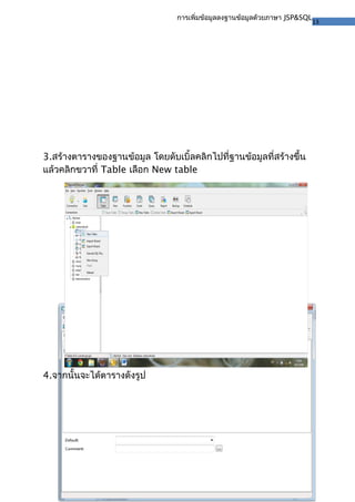 13
การเพิ่มข้อมูลลงฐานข้อมูลด้วยภาษา JSP&SQL
3.สร้างตารางของฐานข้อมูล โดยดับเบิ้ลคลิกไปที่ฐานข้อมูลที่สร้างขึ้น
แล้วคลิกขวาที่ Table เลือก New table
4.จากนั้นจะได้ตารางดังรูป
 