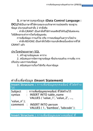6
การเพิ่มข้อมูลลงฐานข้อมูลด้วยภาษา JSP&SQL
3. ภาษาควบคุมข้อมูล (Data Control Language :
DCL)ใช้เป็นภาษาที่ใช้ควบคุมระบบรักษาความปลอดภัย ของฐาน
ข้อมูล ประกอบด้วยคําสั่ง 2 คําสั่งคือ
• คําสั่ง GRANT เป็นคําสั่งที่ใช้กําหนดสิทธิให้กับผู้ใช้แต่ละคน
ให้มีสิทธกระทําการใดกับข้อมูลเช่น
การเพิ่มข้อมูล การแก้ไข หรือ การลบข้อมูลในตารางใดบ้าง
• คําสั่ง REVOKE เป็นคําสั่งให้มีการยกเลิกสิทธนั้นหลังจากที่ได้
GRANT แล้ว
ประโยชน์ของภาษา SQL
1. สร้างฐานข้อมูลและ ตาราง
2. สนับสนุนการจัดการฐานข้อมูล ซึ่งประกอบด้วย การเพิ่ม การ
ปรับปรุง และการลบข้อมูล
3. สนับสนุนการเรียกใช้หรือ ค้นหาข้อมูล
คําสั่งเพิ่มข้อมูล (Insert Statement)
Insert Structure :: การเพิ่มข้อมูลทุกคอลัมน์ ที่ได้สร้าง
ไว้
Subject : การเพิ่มข้อมูลทุกคอลัมน์ ที่ได้สร้างไว้
syntax : INSERT INTO table_name
VALUES ( 'value_1', 'value_2', ...,
'value_n' );
comment : INSERT INTO person
VALUES ( 1, 'bamboo', 'labcode' );
Insert Structure :: การเพิ่มข้อมูลเฉพาะคอลัมน์ ที่
 