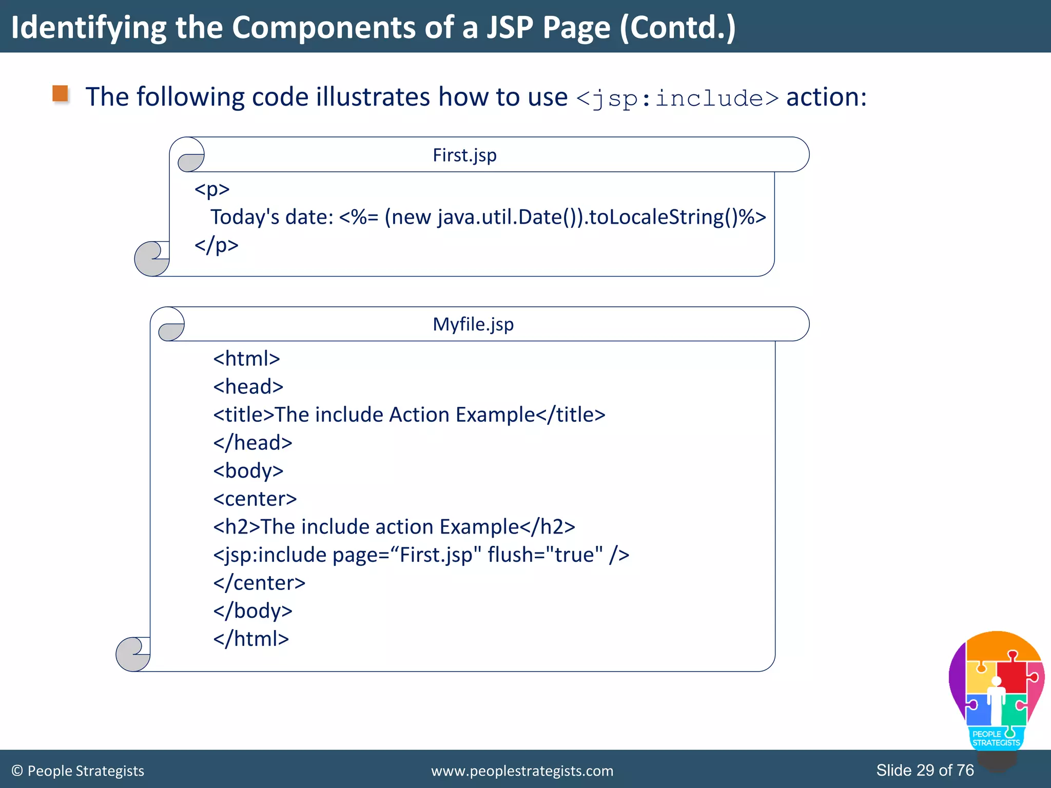 © People Strategists www.peoplestrategists.com Slide 29 of 76
Identifying the Components of a JSP Page (Contd.)
The following code illustrates how to use <jsp:include> action:
<p>
Today's date: <%= (new java.util.Date()).toLocaleString()%>
</p>
First.jsp
<html>
<head>
<title>The include Action Example</title>
</head>
<body>
<center>
<h2>The include action Example</h2>
<jsp:include page=“First.jsp" flush="true" />
</center>
</body>
</html>
Myfile.jsp
 