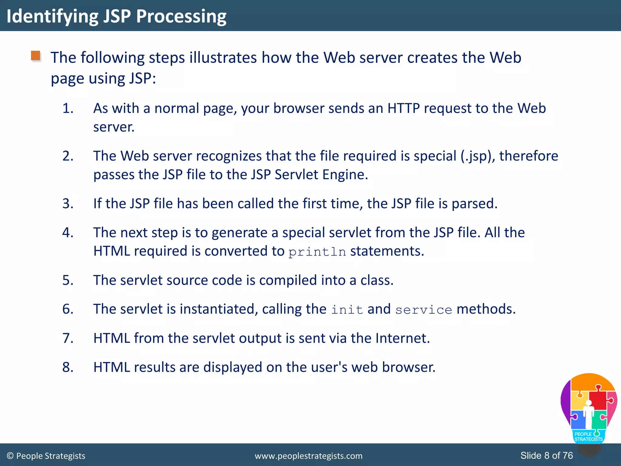 © People Strategists www.peoplestrategists.com Slide 8 of 76
Identifying JSP Processing
The following steps illustrates how the Web server creates the Web
page using JSP:
1. As with a normal page, your browser sends an HTTP request to the Web
server.
2. The Web server recognizes that the file required is special (.jsp), therefore
passes the JSP file to the JSP Servlet Engine.
3. If the JSP file has been called the first time, the JSP file is parsed.
4. The next step is to generate a special servlet from the JSP file. All the
HTML required is converted to println statements.
5. The servlet source code is compiled into a class.
6. The servlet is instantiated, calling the init and service methods.
7. HTML from the servlet output is sent via the Internet.
8. HTML results are displayed on the user's web browser.
 