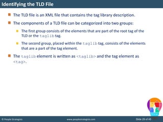 © People Strategists www.peoplestrategists.com Slide 29 of 45
The TLD file is an XML file that contains the tag library description.
The components of a TLD file can be categorized into two groups:
The first group consists of the elements that are part of the root tag of the
TLD or the taglib tag.
The second group, placed within the taglib tag, consists of the elements
that are a part of the tag element.
The taglib element is written as <taglib> and the tag element as
<tag>.
Identifying the TLD File
 