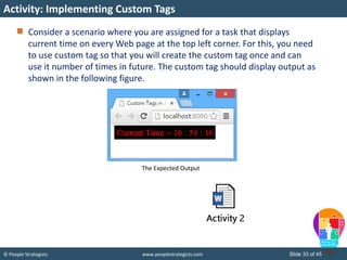 © People Strategists www.peoplestrategists.com Slide 33 of 45
Consider a scenario where you are assigned for a task that displays
current time on every Web page at the top left corner. For this, you need
to use custom tag so that you will create the custom tag once and can
use it number of times in future. The custom tag should display output as
shown in the following figure.
Activity: Implementing Custom Tags
The Expected Output
 