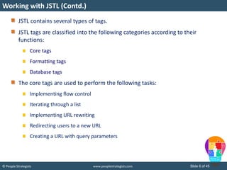 © People Strategists www.peoplestrategists.com Slide 6 of 45
JSTL contains several types of tags.
JSTL tags are classified into the following categories according to their
functions:
Core tags
Formatting tags
Database tags
The core tags are used to perform the following tasks:
Implementing flow control
Iterating through a list
Implementing URL rewriting
Redirecting users to a new URL
Creating a URL with query parameters
Working with JSTL (Contd.)
 