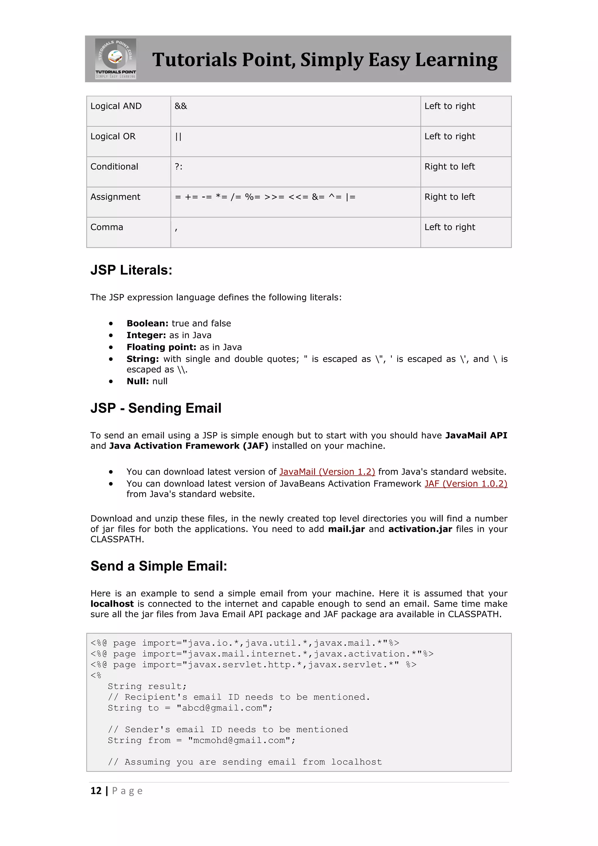 Tutorials Point, Simply Easy Learning

Logical AND        &&                                                        Left to right


Logical OR         ||                                                        Left to right


Conditional        ?:                                                        Right to left


Assignment         = += -= *= /= %= >>= <<= &= ^= |=                         Right to left


Comma              ,                                                         Left to right




JSP Literals:
The JSP expression language defines the following literals:


       Boolean: true and false
       Integer: as in Java
       Floating point: as in Java
       String: with single and double quotes; " is escaped as ", ' is escaped as ', and  is
        escaped as .
       Null: null


JSP - Sending Email
To send an email using a JSP is simple enough but to start with you should have JavaMail API
and Java Activation Framework (JAF) installed on your machine.


       You can download latest version of JavaMail (Version 1.2) from Java's standard website.
       You can download latest version of JavaBeans Activation Framework JAF (Version 1.0.2)
        from Java's standard website.

Download and unzip these files, in the newly created top level directories you will find a number
of jar files for both the applications. You need to add mail.jar and activation.jar files in your
CLASSPATH.


Send a Simple Email:
Here is an example to send a simple email from your machine. Here it is assumed that your
localhost is connected to the internet and capable enough to send an email. Same time make
sure all the jar files from Java Email API package and JAF package ara available in CLASSPATH.


<%@ page import="java.io.*,java.util.*,javax.mail.*"%>
<%@ page import="javax.mail.internet.*,javax.activation.*"%>
<%@ page import="javax.servlet.http.*,javax.servlet.*" %>
<%
   String result;
   // Recipient's email ID needs to be mentioned.
   String to = "abcd@gmail.com";

    // Sender's email ID needs to be mentioned
    String from = "mcmohd@gmail.com";

    // Assuming you are sending email from localhost


12 | P a g e
 