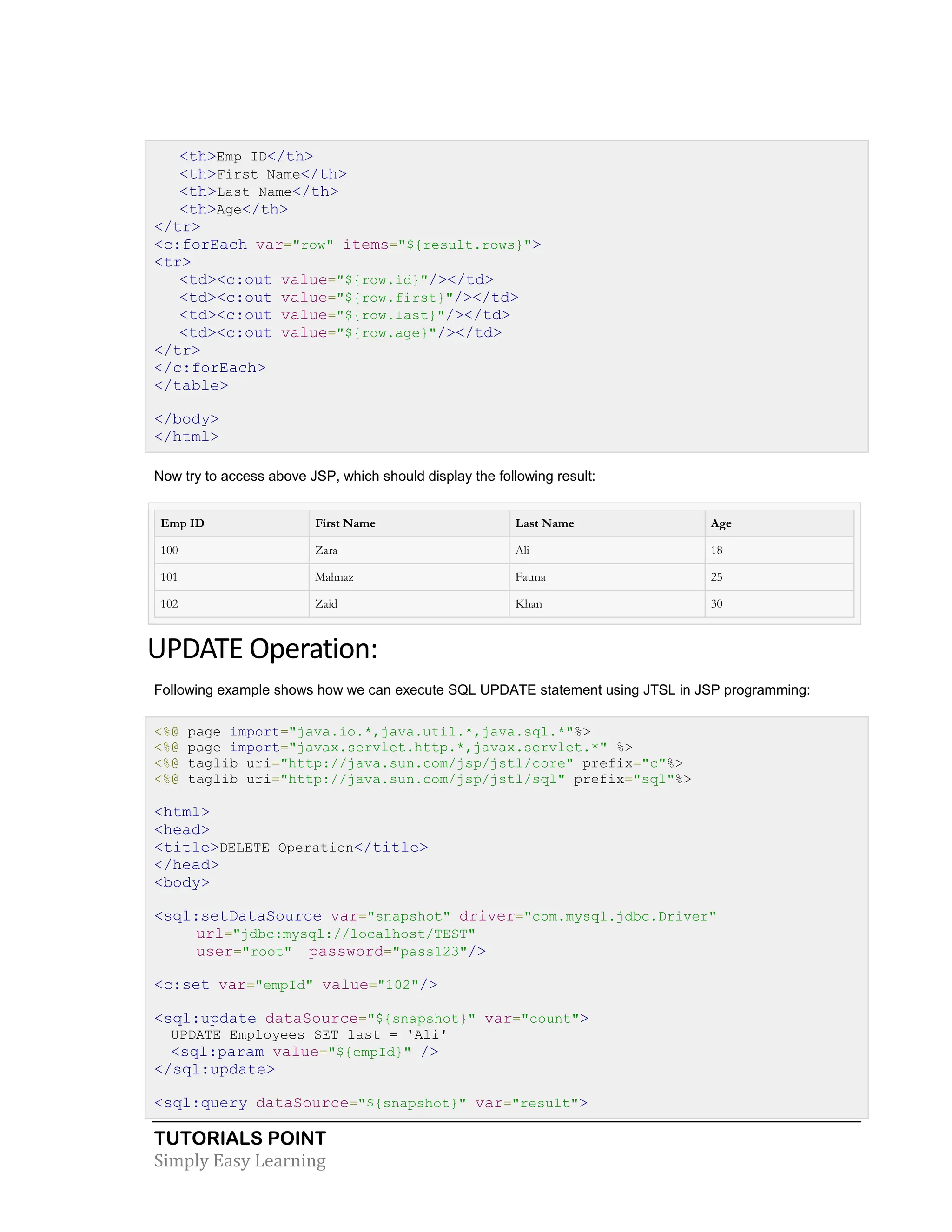 TUTORIALS POINT Simply Easy Learning <th>Emp ID</th> <th>First Name</th> <th>Last Name</th> <th>Age</th> </tr> <c:forEach var="row" items="${result.rows}"> <tr> <td><c:out value="${row.id}"/></td> <td><c:out value="${row.first}"/></td> <td><c:out value="${row.last}"/></td> <td><c:out value="${row.age}"/></td> </tr> </c:forEach> </table> </body> </html> Now try to access above JSP, which should display the following result: Emp ID First Name Last Name Age 100 Zara Ali 18 101 Mahnaz Fatma 25 102 Zaid Khan 30 UPDATE Operation: Following example shows how we can execute SQL UPDATE statement using JTSL in JSP programming: <%@ page import="java.io.*,java.util.*,java.sql.*"%> <%@ page import="javax.servlet.http.*,javax.servlet.*" %> <%@ taglib uri="http://java.sun.com/jsp/jstl/core" prefix="c"%> <%@ taglib uri="http://java.sun.com/jsp/jstl/sql" prefix="sql"%> <html> <head> <title>DELETE Operation</title> </head> <body> <sql:setDataSource var="snapshot" driver="com.mysql.jdbc.Driver" url="jdbc:mysql://localhost/TEST" user="root" password="pass123"/> <c:set var="empId" value="102"/> <sql:update dataSource="${snapshot}" var="count"> UPDATE Employees SET last = 'Ali' <sql:param value="${empId}" /> </sql:update> <sql:query dataSource="${snapshot}" var="result"> 