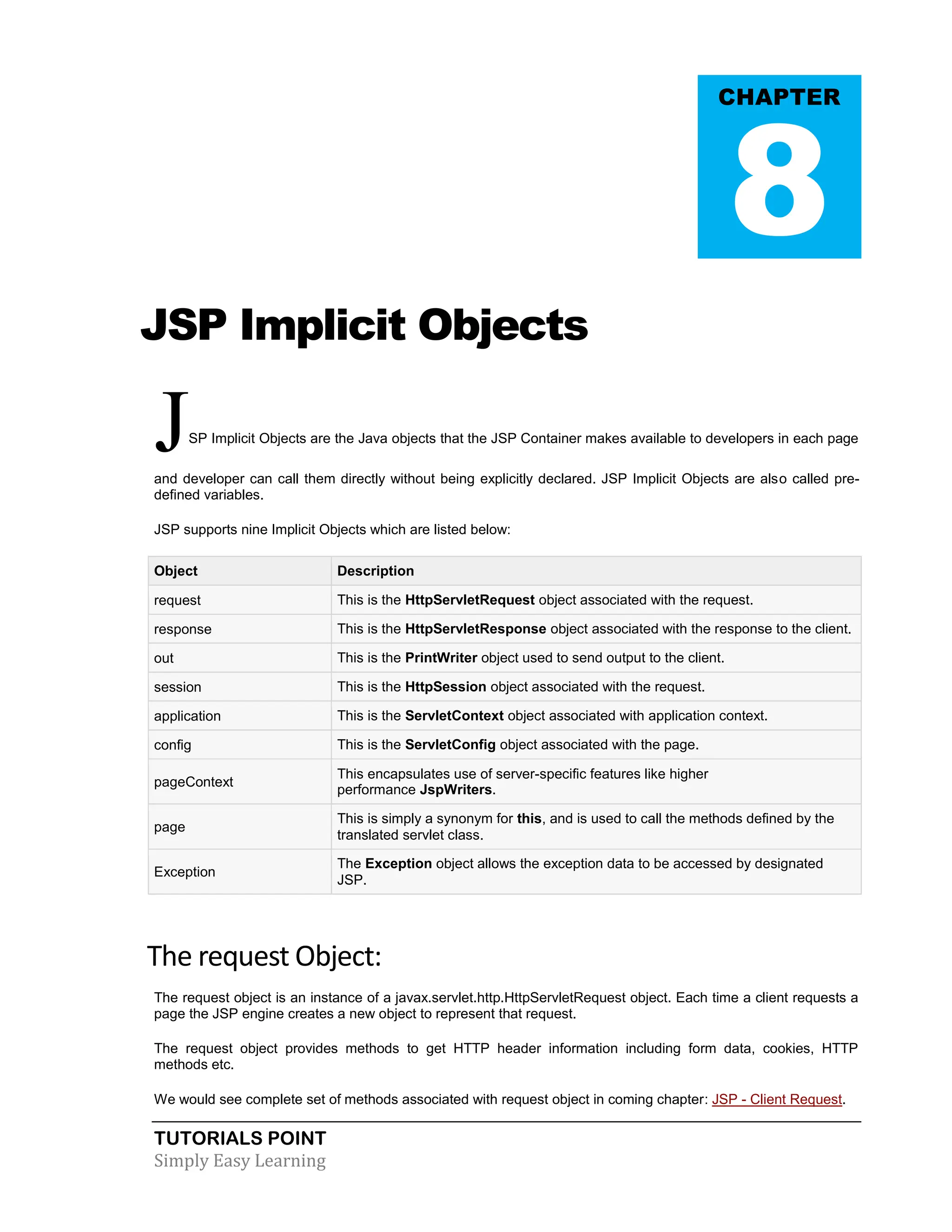 TUTORIALS POINT Simply Easy Learning JSP Implicit Objects JSP Implicit Objects are the Java objects that the JSP Container makes available to developers in each page and developer can call them directly without being explicitly declared. JSP Implicit Objects are also called pre- defined variables. JSP supports nine Implicit Objects which are listed below: Object Description request This is the HttpServletRequest object associated with the request. response This is the HttpServletResponse object associated with the response to the client. out This is the PrintWriter object used to send output to the client. session This is the HttpSession object associated with the request. application This is the ServletContext object associated with application context. config This is the ServletConfig object associated with the page. pageContext This encapsulates use of server-specific features like higher performance JspWriters. page This is simply a synonym for this, and is used to call the methods defined by the translated servlet class. Exception The Exception object allows the exception data to be accessed by designated JSP. The request Object: The request object is an instance of a javax.servlet.http.HttpServletRequest object. Each time a client requests a page the JSP engine creates a new object to represent that request. The request object provides methods to get HTTP header information including form data, cookies, HTTP methods etc. We would see complete set of methods associated with request object in coming chapter: JSP - Client Request. CHAPTER 8 