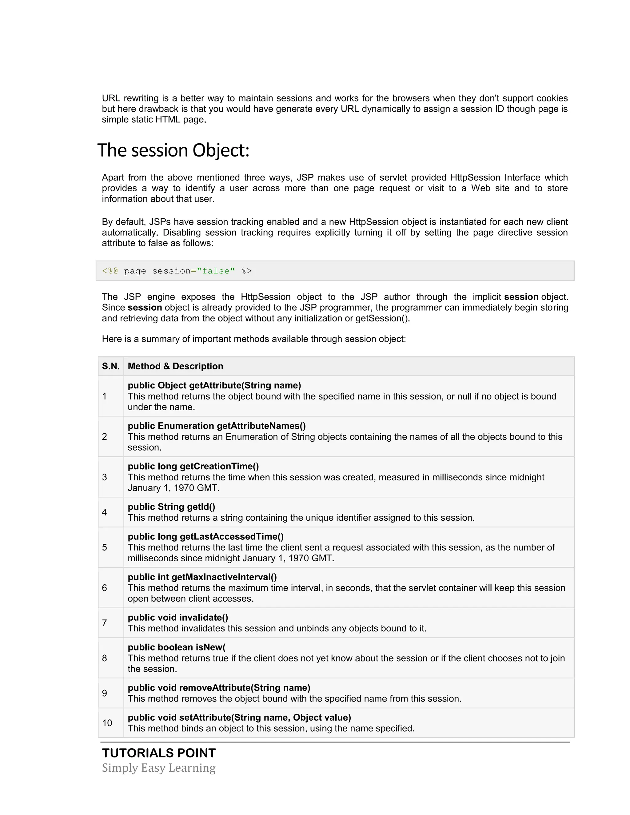 TUTORIALS POINT Simply Easy Learning URL rewriting is a better way to maintain sessions and works for the browsers when they don't support cookies but here drawback is that you would have generate every URL dynamically to assign a session ID though page is simple static HTML page. The session Object: Apart from the above mentioned three ways, JSP makes use of servlet provided HttpSession Interface which provides a way to identify a user across more than one page request or visit to a Web site and to store information about that user. By default, JSPs have session tracking enabled and a new HttpSession object is instantiated for each new client automatically. Disabling session tracking requires explicitly turning it off by setting the page directive session attribute to false as follows: <%@ page session="false" %> The JSP engine exposes the HttpSession object to the JSP author through the implicit session object. Since session object is already provided to the JSP programmer, the programmer can immediately begin storing and retrieving data from the object without any initialization or getSession(). Here is a summary of important methods available through session object: S.N. Method & Description 1 public Object getAttribute(String name) This method returns the object bound with the specified name in this session, or null if no object is bound under the name. 2 public Enumeration getAttributeNames() This method returns an Enumeration of String objects containing the names of all the objects bound to this session. 3 public long getCreationTime() This method returns the time when this session was created, measured in milliseconds since midnight January 1, 1970 GMT. 4 public String getId() This method returns a string containing the unique identifier assigned to this session. 5 public long getLastAccessedTime() This method returns the last time the client sent a request associated with this session, as the number of milliseconds since midnight January 1, 1970 GMT. 6 public int getMaxInactiveInterval() This method returns the maximum time interval, in seconds, that the servlet container will keep this session open between client accesses. 7 public void invalidate() This method invalidates this session and unbinds any objects bound to it. 8 public boolean isNew( This method returns true if the client does not yet know about the session or if the client chooses not to join the session. 9 public void removeAttribute(String name) This method removes the object bound with the specified name from this session. 10 public void setAttribute(String name, Object value) This method binds an object to this session, using the name specified. 