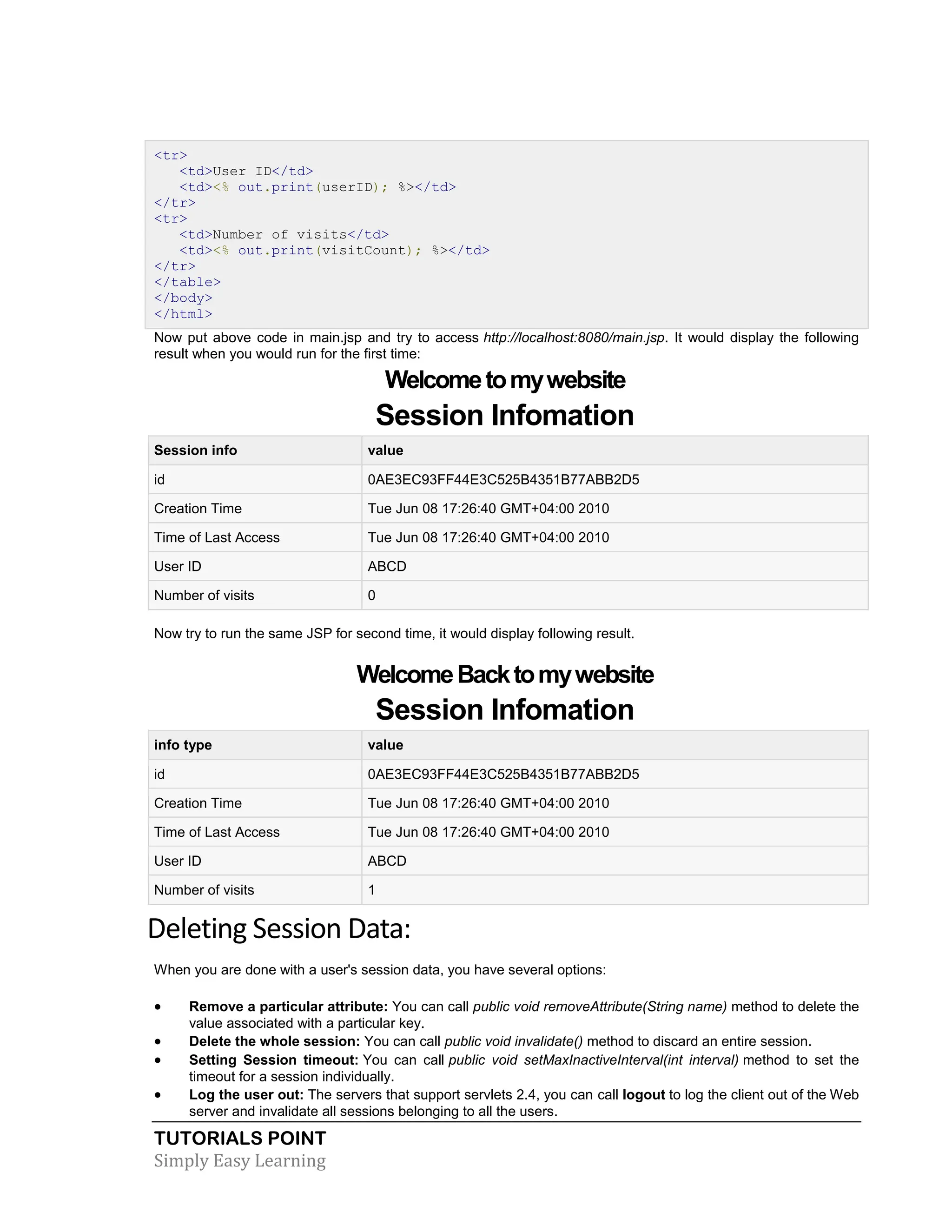 TUTORIALS POINT Simply Easy Learning <tr> <td>User ID</td> <td><% out.print(userID); %></td> </tr> <tr> <td>Number of visits</td> <td><% out.print(visitCount); %></td> </tr> </table> </body> </html> Now put above code in main.jsp and try to access http://localhost:8080/main.jsp. It would display the following result when you would run for the first time: Welcometomywebsite Session Infomation Session info value id 0AE3EC93FF44E3C525B4351B77ABB2D5 Creation Time Tue Jun 08 17:26:40 GMT+04:00 2010 Time of Last Access Tue Jun 08 17:26:40 GMT+04:00 2010 User ID ABCD Number of visits 0 Now try to run the same JSP for second time, it would display following result. WelcomeBacktomywebsite Session Infomation info type value id 0AE3EC93FF44E3C525B4351B77ABB2D5 Creation Time Tue Jun 08 17:26:40 GMT+04:00 2010 Time of Last Access Tue Jun 08 17:26:40 GMT+04:00 2010 User ID ABCD Number of visits 1 Deleting Session Data: When you are done with a user's session data, you have several options:  Remove a particular attribute: You can call public void removeAttribute(String name) method to delete the value associated with a particular key.  Delete the whole session: You can call public void invalidate() method to discard an entire session.  Setting Session timeout: You can call public void setMaxInactiveInterval(int interval) method to set the timeout for a session individually.  Log the user out: The servers that support servlets 2.4, you can call logout to log the client out of the Web server and invalidate all sessions belonging to all the users. 