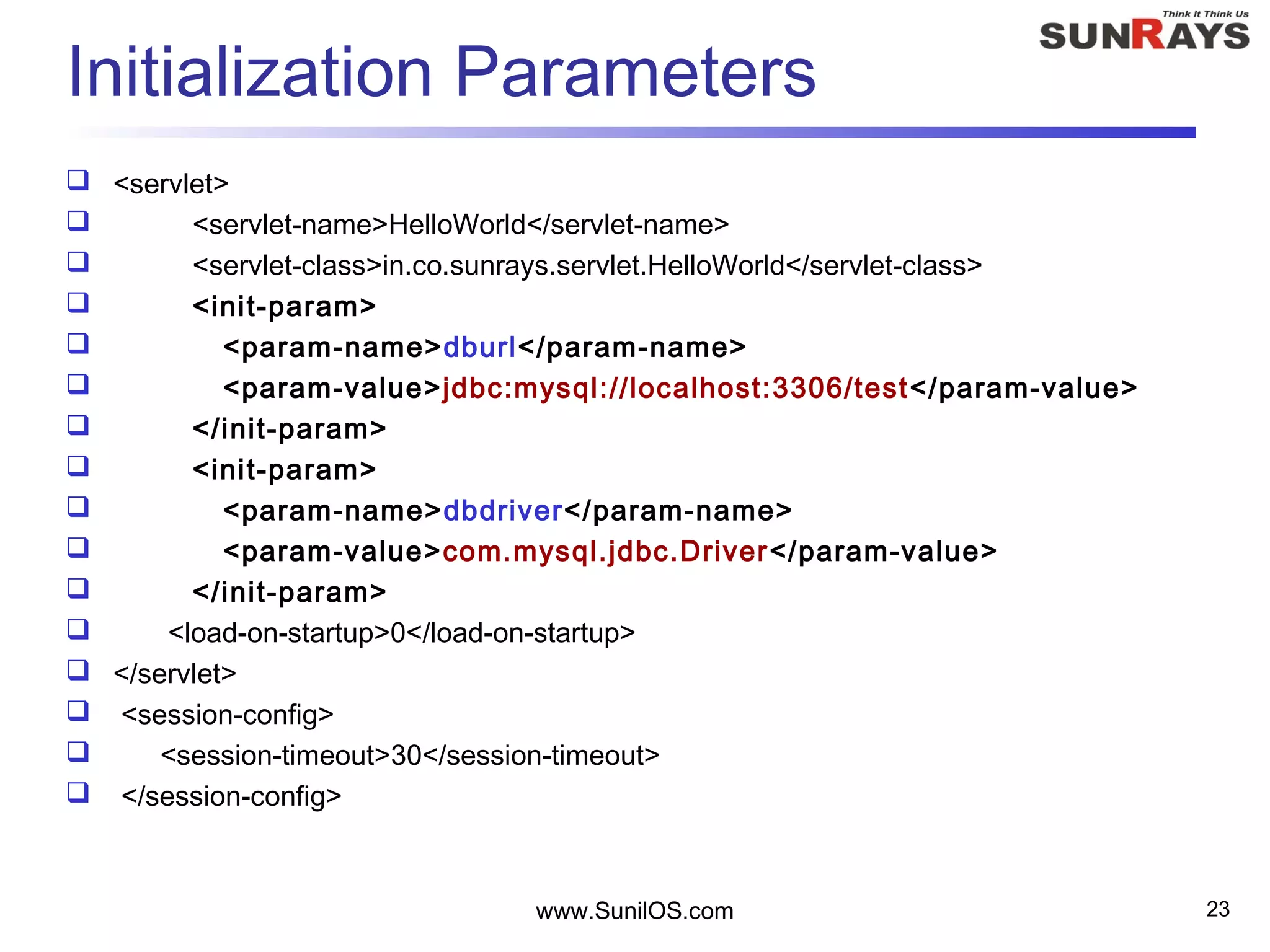 Initialization Parameters
 <servlet>
 <servlet-name>HelloWorld</servlet-name>
 <servlet-class>in.co.sunrays.servlet.HelloWorld</servlet-class>
 <init-param>
 <param-name>dburl</param-name>
 <param-value>jdbc:mysql://localhost:3306/test</param-value>
 </init-param>
 <init-param>
 <param-name>dbdriver</param-name>
 <param-value>com.mysql.jdbc.Driver</param-value>
 </init-param>
 <load-on-startup>0</load-on-startup>
 </servlet>
 <session-config>
 <session-timeout>30</session-timeout>
 </session-config>
www.SunilOS.com 23
 