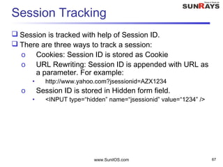 www.SunilOS.com 67
Session Tracking
 Session is tracked with help of Session ID.
 There are three ways to track a session:
o Cookies: Session ID is stored as Cookie
o URL Rewriting: Session ID is appended with URL as
a parameter. For example:
• http://www.yahoo.com?jsessionid=AZX1234
o Session ID is stored in Hidden form field.
• <INPUT type=“hidden” name=“jsessionid” value=“1234” />
 