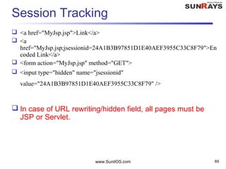 www.SunilOS.com 69
Session Tracking
 <a href="MyJsp.jsp">Link</a>
 <a
href="MyJsp.jsp;jsessionid=24A1B3B97851D1E40AEF3955C33C8F79">En
coded Link</a>
 <form action="MyJsp.jsp" method="GET">
 <input type="hidden" name="jsessionid"
value="24A1B3B97851D1E40AEF3955C33C8F79" />
 In case of URL rewriting/hidden field, all pages must be
JSP or Servlet.
 