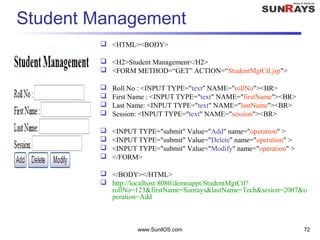 www.SunilOS.com 72
Student Management
 <HTML><BODY>
 <H2>Student Management</H2>
 <FORM METHOD=“GET” ACTION=“StudentMgtCtl.jsp">
 Roll No : <INPUT TYPE="text" NAME="rollNo"><BR>
 First Name : <INPUT TYPE="text" NAME="firstName"><BR>
 Last Name: <INPUT TYPE="text" NAME="lastName"><BR>
 Session: <INPUT TYPE="text" NAME="session"><BR>
 <INPUT TYPE="submit" Value="Add" name="operation" >
 <INPUT TYPE="submit" Value="Delete" name="operation" >
 <INPUT TYPE="submit" Value="Modify" name="operation" >
 </FORM>
 </BODY></HTML>
 http://localhost:8080/demoappt/StudentMgtCtl?
rollNo=123&firstName=Sunrays&lastName=Tech&sesion=2007&o
peration=Add
 