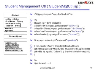www.SunilOS.com 73
Student Management Ctl ( StudentMgtCtl.jsp )
 <%@page import="com.dto.Student"%>
 <%
 Student std = new Student();
 std.setRollNo(request.getParameter("rollNo"));
 std.setFirstName(request.getParameter("firstName"));
 std.setLastName(request.getParameter("lastName"));
 std.setSession(request.getParameter("session"));
 String op = request.getParameter("operation");
 if (op.equals("Add")) { StudentModel.add(std);
 }else if (op.equals("Modify")){ StudentModel.update(std);
 }else if ( op.equals("Delete")) { StudentModel.delete(std);
 }
 %>
 <jsp:forward ….>
Student
-rollNo : String
-firstName : String
-lastName String
-session : String
+setters
+getters
StudentModel
+add(Student)
+update(Student)
+delete(Student)
+get(rollNo) :Student
+search(Student):List
 