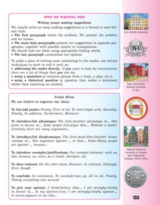 133
SPOT ON WRITING TIPS
Writing essays making suggestions
We usually write an essay making suggestions in a formal or semi-for-
mal style.
 The first paragraph states the problem. We present the problem
and its causes.
 The main body paragraphs present our suggestions in separate par-
agraphs, together with possible results or consequences.
We should link our ideas using appropriate linking words.
 The last paragraph summarises our opinion.
To make a piece of writing more interesting to the reader, use certain
techniques to start or end it such as:
 addressing the reader directly. If you want to help the environment,
there are a lot of things that you can do;
 using a quotation (a sentence/phrase from a book, a play, etc.);
 using a rhetorical question (a question that makes a statement
rather than expecting an answer).
Kyiv Mohyla University
Taras Shevchenko
National University
of  Kyiv
National Technical
University of Ukraine
«Kyiv Polytechnic
Institute» (NTUU «KPI»)
Useful Hints
We use linkers to organise our ideas:
To list/add points: Firstly, First of all, To start/begin with, Secondly,
Finally, In addition, Furthermore, Moreover
To introduce/list advantages: The first/Another advantage of…, One
point in favour of…, Some people feel/argue that…, Without a doubt/
Certainly there are many arguments…
To introduce/list disadvantages: The first/main/One/Another disad-
vantage of…, One argument against … is that…, Some/Many people
are against … because…
To introduce examples/justifications: For example/instance, such as,
like, because, as, since, as a result, therefore, etc.
To show contrast: On the other hand, However, In contrast, Although,
Even though
To conclude: In conclusion, To conclude/sum up, All in all, Finally,
Taking everything into account
To give your opinion: I think/believe that…, I am strongly/totally
in favour of…, In my opinion/view, I am strongly/totally against…,
It  seems/appears to me that…
Право для безоплатного розміщення підручника в мережі Інтернет має
Міністерство освіти і науки України http://mon.gov.ua/ та Інститут модернізації змісту освіти https://imzo.gov.ua
 