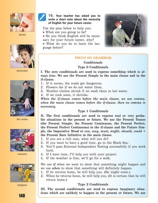 148
10. Your teacher has asked you to
write a short note about the necessity
of English for your future career.
Use the plan below to help you:
 What are you going to be?
 Do you think English will be neces-
sary for your future career, why?
 What do you do to learn the lan-
guage better?
dentist
disc jockey
dressmaker
firefighter
mechanic
FOCUS ON GRAMMAR
Conditionals
Type 0 Conditionals
I. The zero conditionals are used to express something which is al-
ways true. We use the Present Simple in the main clause and in the
if-clause.
1. If it snows, the roads get dangerous.
2. Flowers die if we do not water them.
3. Woollen clothes shrink if we wash them in hot water.
4. If we cook meat, it shrinks.
When the if-clause comes before the main clause, we use comma,
when the main clause comes before the if-clause, then no comma is
necessary.
Type 1 Conditionals
II. The first conditionals are used to express real or very proba-
ble situations in the present or future. We use the Present Tenses
(the  Present Simple, the Present Continuous, the Present Perfect,
the  Present Perfect Continuous) in the if-clause and the Future Sim-
ple, the Imperative Mood or can, may, must, might, should, could  +
the Present Bare Infinitive in the main clause.
1. If you are a rich man, what will you do?
2. If you want to have a good time, go to the Black Sea.
3. You’ll pass External Independent Testing successfully if you work
hard.
4. If I have time, I’ll help you with your project.
5. If the weather is fine, we’ll go for a walk.
We use if when we want to show that something might happen and
we use when to show that something will definitely happen.
1. If he returns home, he will help you. (He might come.)
2. When he returns home, he will help you. (It is certain that he will
return home.)
Type 2 Conditionals
III. The second conditionals are used to express imaginary situa-
tions which are unlikely to happen in the present or future. We use
Право для безоплатного розміщення підручника в мережі Інтернет має
Міністерство освіти і науки України http://mon.gov.ua/ та Інститут модернізації змісту освіти https://imzo.gov.ua
 