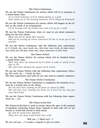 183
The Future Continuous
We use the Future Continuous for actions which will be in progress at
a  stated future time.
At 3 o’clock tomorrow we’ll be taking photos in a park.
Don’t phone me in the morning tomorrow, I’ll be doing my homework.
We use the Future Continuous for actions which will happen in the fu-
ture as the result of an arrangement.
I’ll be meeting with my friends later and we’ll go for a  walk.
We use the Future Continuous when we want to ask about someone’s
plans for the near future.
What will you be doing after classes?
Will you be writing an article tomorrow? I’d like to invite you to the
museum.
We use the Future Continuous with the following time expressions:
at  2  o’clock, etc., next week, etc., this time next week, all day tomor-
row, from two till four, from now, soon, tomorrow at this time.
The Future Perfect
We use the Future Perfect for actions which will be finished before
a  stated future time.
We’ll have done our homework by 8 o’clock in order to watch a  new
film on TV.
She won’t have finished her project till 6 o’clock.
We use the Future Perfect with the following time expressions: before,
by, till, until, by … o’clock, by then.
The time expressions until and till are only used in negative sentences.
The Future Perfect Continuous
We use the Future Perfect Continuous to emphasise the duration of ac-
tions by a  certain time in the future.
He will have been working for 30 years at school by 2020.
She will have been cleaning the house for 3 hours by the time you
come back home.
We use the Future Perfect Continuous with the following time expres-
sions: by ..., for.
The Future-in-the-Past
The Future-in-the-Past is used in stories about the past at the moment
of speaking concerning future times. Instead of shall and will we use
should or would but should is used rarely.
He said he would learn Spanish.
They were sure they would finish their work.
Will you …? Shall we/I …?
We use will you …? to make a request or give an order.
Право для безоплатного розміщення підручника в мережі Інтернет має
Міністерство освіти і науки України http://mon.gov.ua/ та Інститут модернізації змісту освіти https://imzo.gov.ua
 