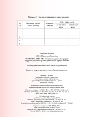 Відомості про користування підручником
№
з/п
Прізвище та ім’я
учня/учениці
Навчаль-
ний рік
Стан підручника
на початку
року
наприкінці
року
1
2
3
4
5
Навчальне видання
БУРЕНКО Валентина Миколаївна
«АНГЛІЙСЬКА МОВА (10-й рік навчання, рівень стандарту)»
підручник для 10 класу закладів загальної середньої освіти
Рекомендовано Міністерством освіти і науки України
Видано за рахунок державних коштів. Продаж заборонено
Редактор С. А. Зіміна.
Технічний редактор С. Я. Захарченко.
Комп’ютерна верстка С. О. Петрачков.
Художнє оформлення М. А. Назаренко, В. І. Труфен.
Коректор Н. В. Красна.
В оформленні підручника використані зображення,
розміщені в мережі Інтернет для вільного використання.
Підписано до друку 17.07.2018. Формат 84×108/16. Папір офсетний.
Гарнітура Шкільна. Друк офсетний. Ум. друк. арк. 21,84. Обл.-вид. арк. 21.
Тираж 26655 прим. Зам. № 0608-2018
ТОВ Видавництво «Ранок»,
вул. Кібальчича, 27, к. 135, м. Харків, 61071.
Свідоцтво суб’єкта видавничої справи ДК № 5215 від 22.09.2016.
Адреса редакції: вул. Космічна, 21а, м. Харків, 61145.
E-mail:offi ce@ranok.com.ua. Тел. (057) 701-11-22, 719-48-65, тел./факс (057) 719-58-67.
Надруковано у друкарні ТОВ «ТРІАДА-ПАК»,
пров. Сімферопольський, 6, Харків, 61052.
Свідоцтво суб’єкта видавничої справи ДК № 5340 від 15.05.2017.
Тел. +38 (057) 703-12-21. Е-mail: sale@triada.kharkov.ua
Право для безоплатного розміщення підручника в мережі Інтернет має
Міністерство освіти і науки України http://mon.gov.ua/ та Інститут модернізації змісту освіти https://imzo.gov.ua
 