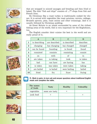 P
40
that are wrapped in minced sausages and breading and then fried or
baked. The dish “fish and chips” consists of …(10)
chops from fish and
French fries.
On Christmas Day a roast turkey is traditionally cooked for din-
ner. It is served with vegetables like roast potatoes, carrots, cabbage,
Brussels sprouts, peas, roast onions and other trimmings. And it is
usually followed by Christmas pudding.
As Great Britain is an island surrounded by some of the richest
fishing areas of the world, fish is very important for the Englishmen,
too.
The English consider their cuisine the best in the world and are
really proud of it.
A B C D
1 is describing are described is described describes
2 changing has changing has changed changed
3 can be found founding is found found
4 consisted consists consisting consist
5 on with of in
6 are taken is taking took is taken
7 had can have are having has
8 is taken was taken were taken taking
9 are boiled is boiled were boiling boiled
10 fried fry fryer frying
6. Work in pairs. In turn ask and answer questions about traditional English
meals and complete the table.
The names
of  foods
Tasty Healthy Unhealthy
vegetables some are tasty +
junk food + +
Право для безоплатного розміщення підручника в мережі Інтернет має
Міністерство освіти і науки України http://mon.gov.ua/ та Інститут модернізації змісту освіти https://imzo.gov.ua
 