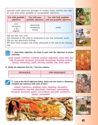 67
7. Read these adjectives. Put them in pairs with the adjectives of similar
meanings.
good, unique, excellent, essential, unusual, important, angry, bad, big,
cold, devastated, enormous, exhausted, fascinating, freezing, furious,
hungry, interesting, small, starving, terrible, tiny, tired, upset
8. Divide the adjectives from Ex. 7 into two columns.
GRADABLE NON-GRADABLE
9. Look at the list of adjectives below. Check any new word in a dictionary.
Complete the sentences with some of them.
unique, expressive, soothing, calm, inspiring, decorative,
contemplative, fanciful, passionate, emotional, mesmerising,
decadent, irrational, poetic, awe-striking, personal, meditative,
special, surrealistic
Adverbs make adjectives stronger or weaker. Some adverbs can only
be used with either gradable or non-gradable adjectives.
Use with gradable
adjectives
Use with non-
gradable adjectives
Use with both gradable
and non-gradable adjectives
very
extremely
a bit
slightly
absolutely
completely
totally
really
The sea was very cold.
The diamond in the ring he presented to her was extremely small.
The air was absolutely boiling.
We were really hungry and really exhausted at the end of the filming
day.
Право для безоплатного розміщення підручника в мережі Інтернет має
Міністерство освіти і науки України http://mon.gov.ua/ та Інститут модернізації змісту освіти https://imzo.gov.ua
 