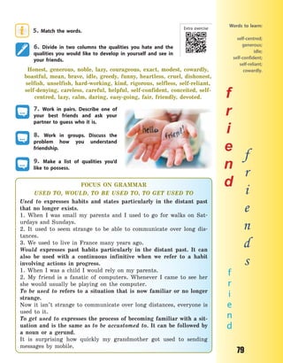 79
5. Match the words.
6. Divide in two columns the qualities you hate and the
qualities you would like to develop in yourself and see in
your friends.
Honest, generous, noble, lazy, courageous, exact, modest, cowardly,
boastful, mean, brave, idle, greedy, funny, heartless, cruel, dishonest,
selfish, unselfish, hard-working, kind, rigorous, selfless, self-reliant,
self-denying, careless, careful, helpful, self-confident, conceited, self-
centred, lazy, calm, daring, easy-going, fair, friendly, devoted.
7. Work in pairs. Describe one of
your best friends and ask your
partner to guess who it is.
8. Work in groups. Discuss the
problem how you understand
friendship.
9. Make a list of qualities you’d
like to possess.
f
r
i
e
n
d
f
r
i
e
n
d
f
r
i
e
n
d
s
Words to learn:
self-centred;
generous;
idle;
self-confident;
self-reliant;
cowardly.
FOCUS ON GRAMMAR
USED TO, WOULD, TO BE USED TO, TO GET USED TO
Used to expresses habits and states particularly in the distant past
that no longer exists.
1. When I was small my parents and I used to go for walks on Sat-
urdays and Sundays.
2. It used to seem strange to be able to communicate over long dis-
tances.
3. We used to live in France many years ago.
Would expresses past habits particularly in the distant past. It can
also be used with a continuous infinitive when we refer to a habit
involving actions in progress.
1. When I was a child I would rely on my parents.
2. My friend is a fanatic of computers. Whenever I came to see her
she would usually be playing on the computer.
To be used to refers to a situation that is now familiar or no longer
strange.
Now it isn’t strange to communicate over long distances, everyone is
used to it.
To get used to expresses the process of becoming familiar with a sit-
uation and is the same as to be accustomed to. It can be followed by
a noun or a gerund.
It is surprising how quickly my grandmother got used to sending
messages by mobile.
Extra exercise
Право для безоплатного розміщення підручника в мережі Інтернет має
Міністерство освіти і науки України http://mon.gov.ua/ та Інститут модернізації змісту освіти https://imzo.gov.ua
 