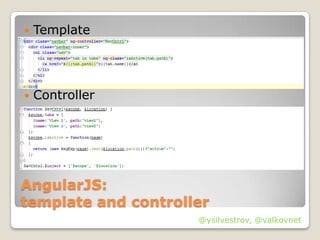    Template




   Controller




AngularJS:
template and controller
                     @ysilvestrov, @valkovnet
 