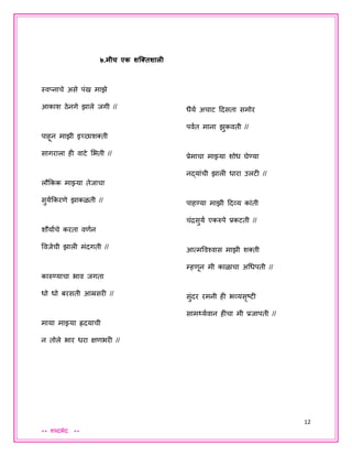 12
** शब्दभेद **
७.मीच एक शजक्तशाली
स्वप्नाचे असे पंख माझे
आकाश ठेनगे झाले िगी //
पाहून माझी इच्छाशक्ती
सागराला ही वाटे शभती //
लौककक माझ्या तेिाचा
सुययककरणे झाकळती //
शौयायचे करता वणयन
वविेची झाली मंदगती //
कारुण्याचा भाव िगता
धो धो बरसती आम्रसरी //
माया माझ्या ह्रदयाची
न तोले भार धरा क्षणभरी //
धैयय अचाट ददसता समोर
पवयत माना झुकवती //
प्रेमाचा माझ्या शोध घेण्या
नद्यांची झाली धारा उलटी //
पाहण्या माझी ददव्य कांती
चंद्रसुयय एकरुपे प्रकटती //
आत्मववश्वास माझी शक्ती
म्हणून मी काळाचा अधधपती //
सुंदर रमनी ही भव्यसृष्टी
सामर्थययवान हीचा मी प्रिापती //
 
