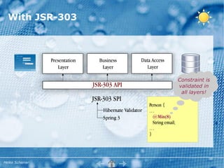 With JSR-303




                                   Constraint is
                                   validated in
                                    all layers!

                 Person {
                 …
                   @Min(8)
                   String email;
                 …
                 }




Heiko Scherrer
 