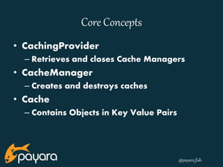 @payara_fish 
Core Concepts 
• CachingProvider 
– Retrieves and closes Cache Managers 
• CacheManager 
– Creates and destroys caches 
• Cache 
– Contains Objects in Key Value Pairs 
 