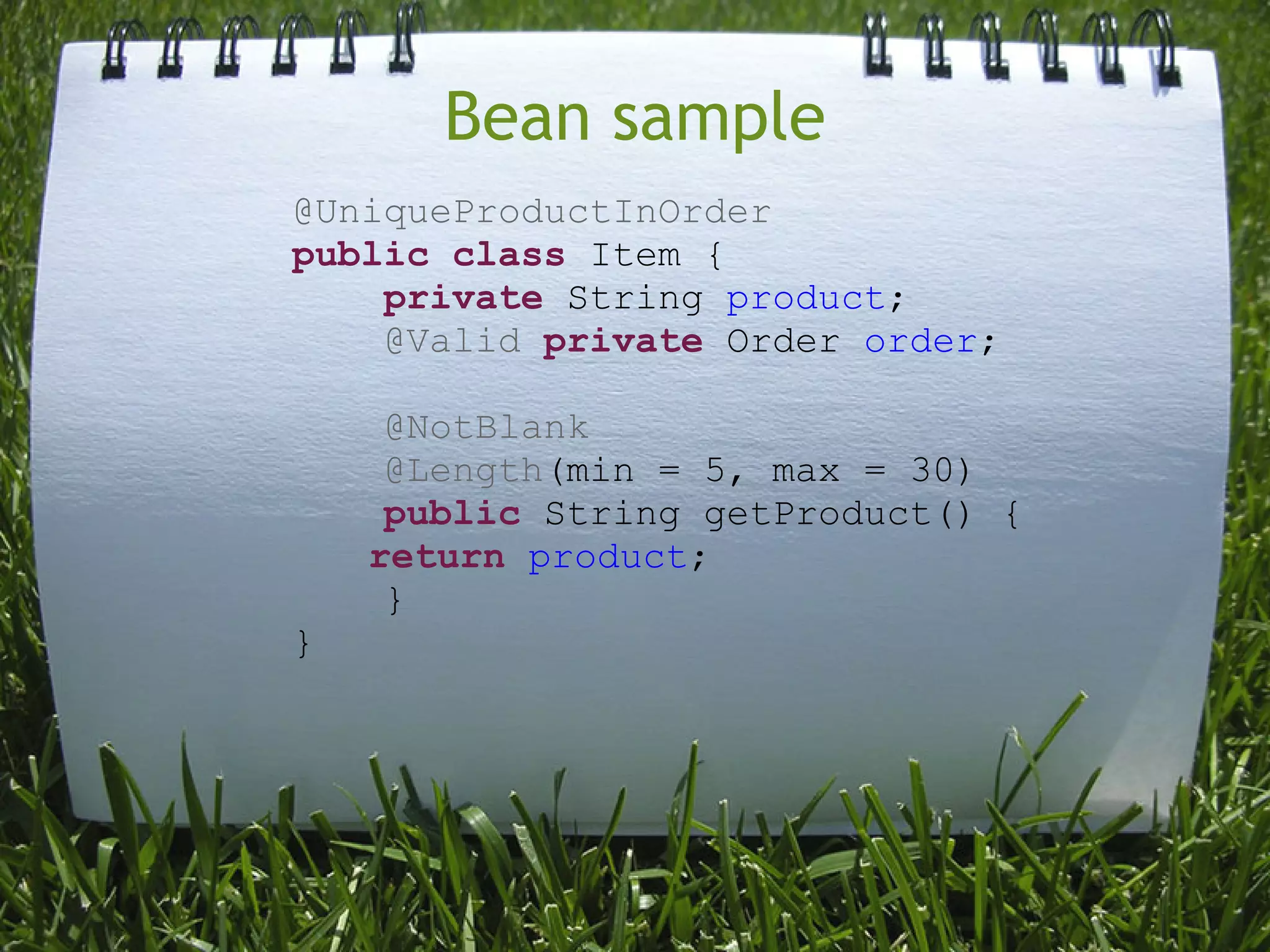 Bean sample
@UniqueProductInOrder
public class Item {
    private String product;
    @Valid private Order order;

     @NotBlank
     @Length(min = 5, max = 30)
     public String getProduct() {
    return product;
     }
}
 