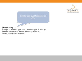 @NameBinding
@Target({ ElementType.TYPE, ElementType.METHOD })
@Retention(value = RetentionPolicy.RUNTIME)
public @interface Logged {}
Similar aos qualificadores do
CDI
 