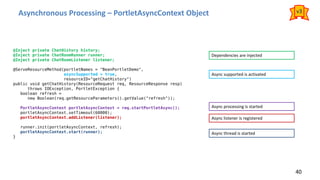 Asynchronous Processing – PortletAsyncContext Object
40
@Inject private ChatHistory history;
@Inject private ChatRoomRunner runner;
@Inject private ChatRoomListener listener;
@ServeResourceMethod(portletNames = "BeanPortletDemo",
asyncSupported = true,
resourceID="getChatHistory")
public void getChatHistory(ResourceRequest req, ResourceResponse resp)
throws IOException, PortletException {
boolean refresh =
new Boolean(req.getResourceParameters().getValue("refresh"));
PortletAsyncContext portletAsyncContext = req.startPortletAsync();
portletAsyncContext.setTimeout(60000);
portletAsyncContext.addListener(listener);
runner.init(portletAsyncContext, refresh);
portletAsyncContext.start(runner);
}
Dependencies are injected
Async supported is activated
Async processing is started
Async listener is registered
Async thread is started
v3
 