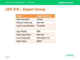 Tel Aviv 16-17 December 2015 – Werner Keil
1/3/2016 12
JSR 375 – Expert Group
Name Representing
Alex Kosowski Oracle
Darren Lofthouse Red Hat
Jean-Louis Monteiro Tomitribe
Ajay Reddy IBM
Pedro Igor Silva Red Hat
Les Hazlewood Stormpath, Inc.
Arjan Tijms ZEEF
 